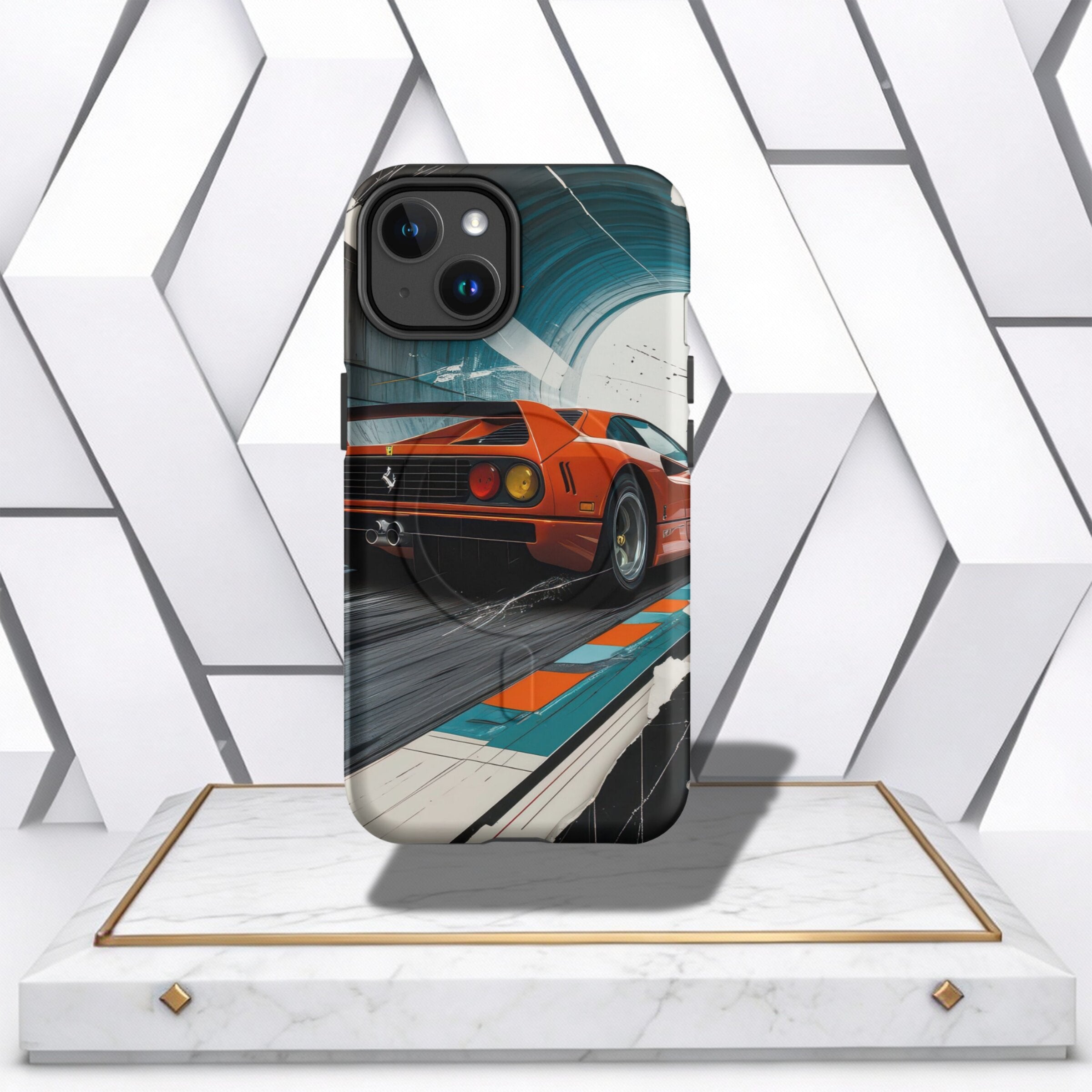 Coocosh Phone Case featuring a vibrant orange Ferrari F40 speeding on a race track, encased in a protective shell, showcasing a unique design for iPhone 14, adding style and safety. Period.