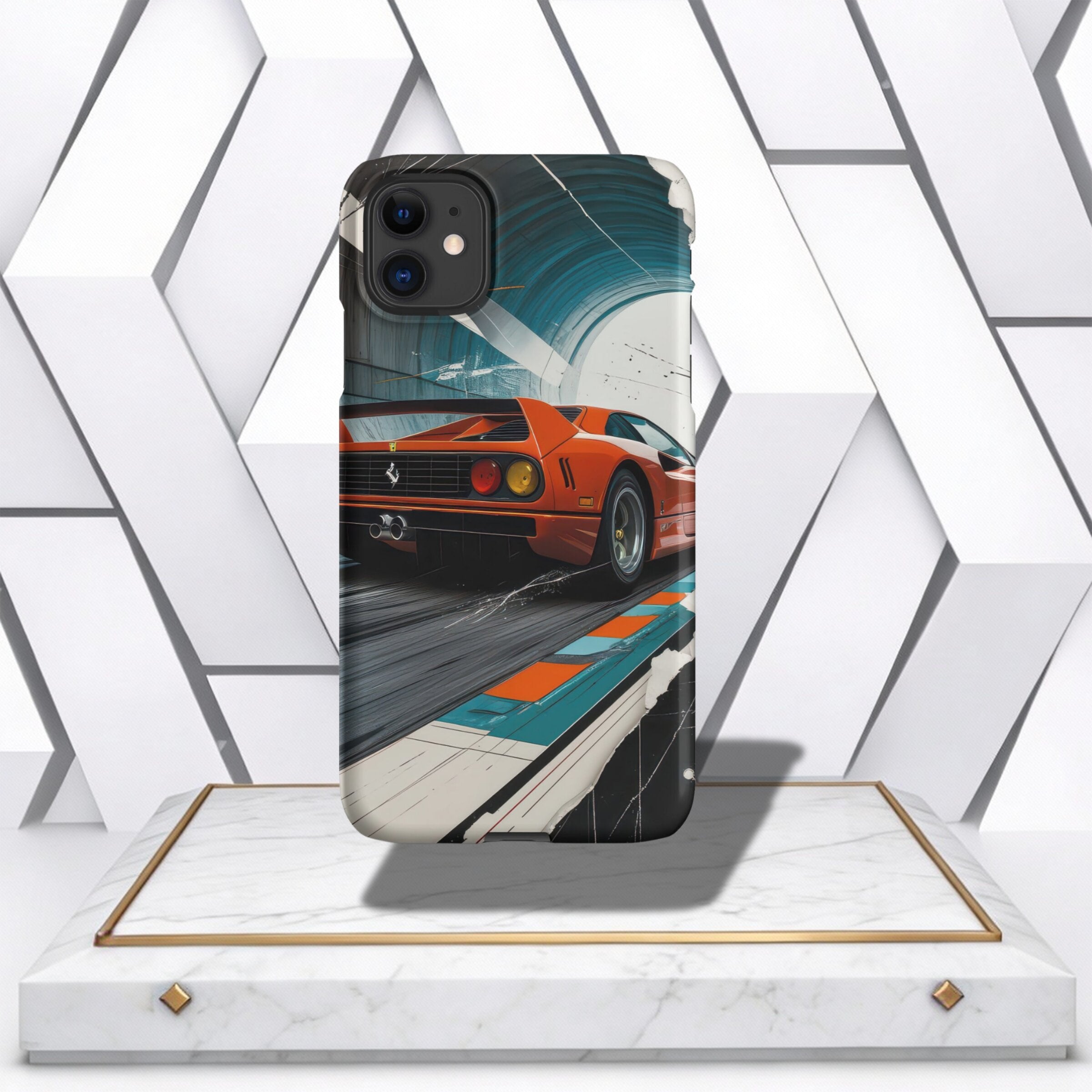 Coocosh phone case featuring a Ferrari F40 speeding down a tunnel track. Durable and stylish protection, with a vibrant car image in shades of red, black, blue and white. Full coverage, providing both aesthetic appeal and scratch resistance for your devic