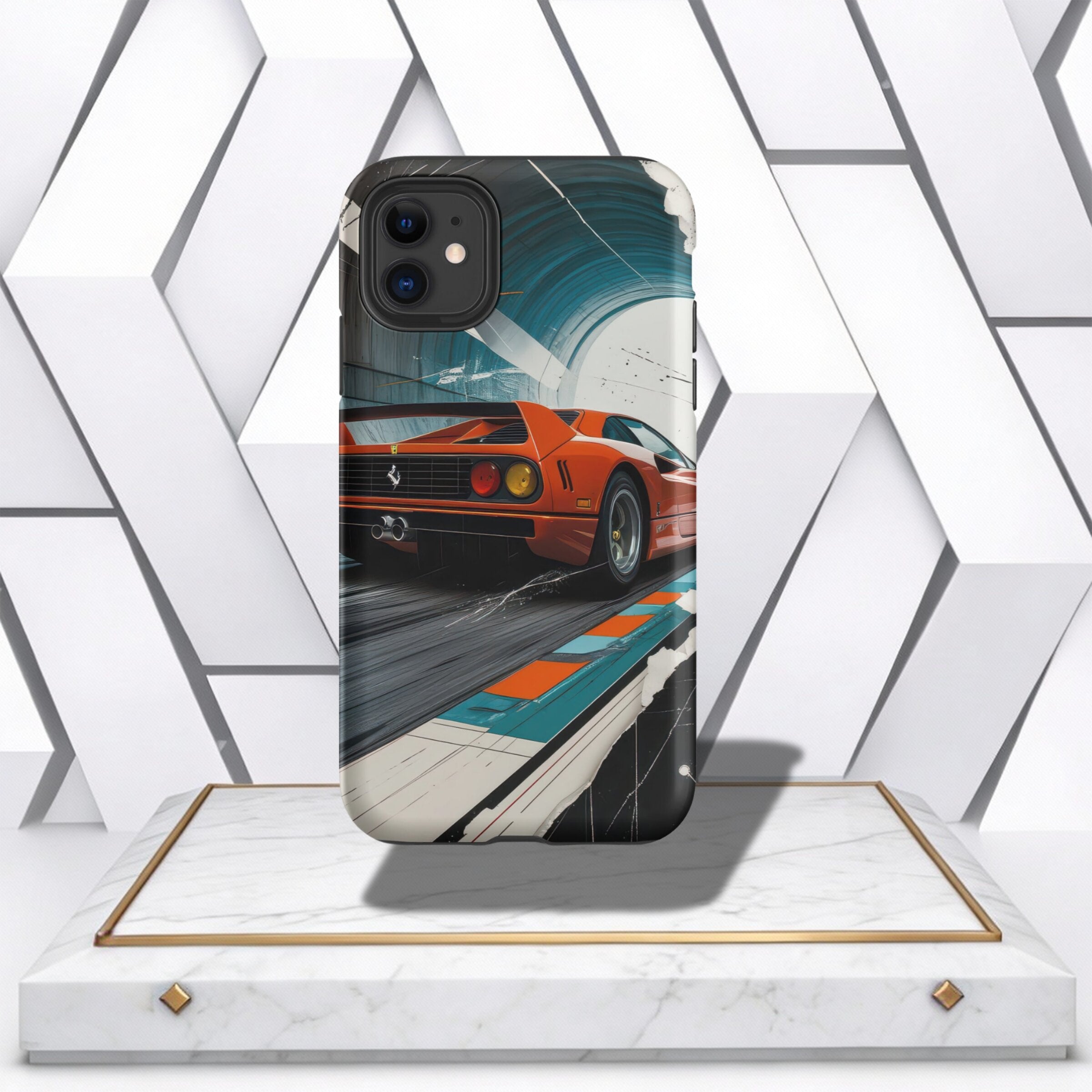 Coocosh Phone Case featuring a bold Ferrari F40 design speeding through a tunnel, blending vibrant colors with a dynamic perspective, offering durable protection and style for your device. A unique statement piece. Period.