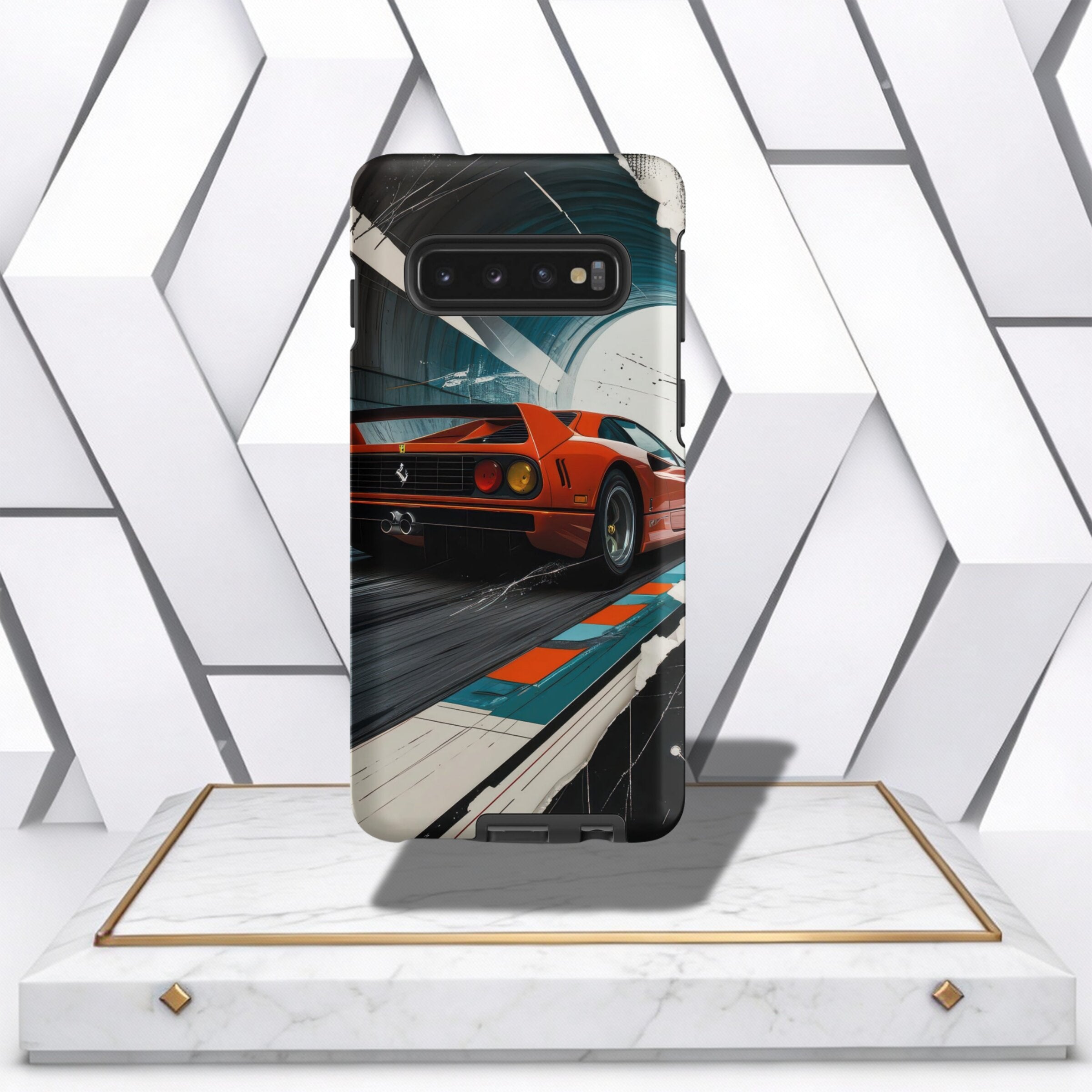 Coocosh Phone Case featuring a sleek, durable cover showcasing a classic red Ferrari on a race track with vibrant racing stripes, adding a touch of automotive flair. The standard case is perfect for everyday use. Period.