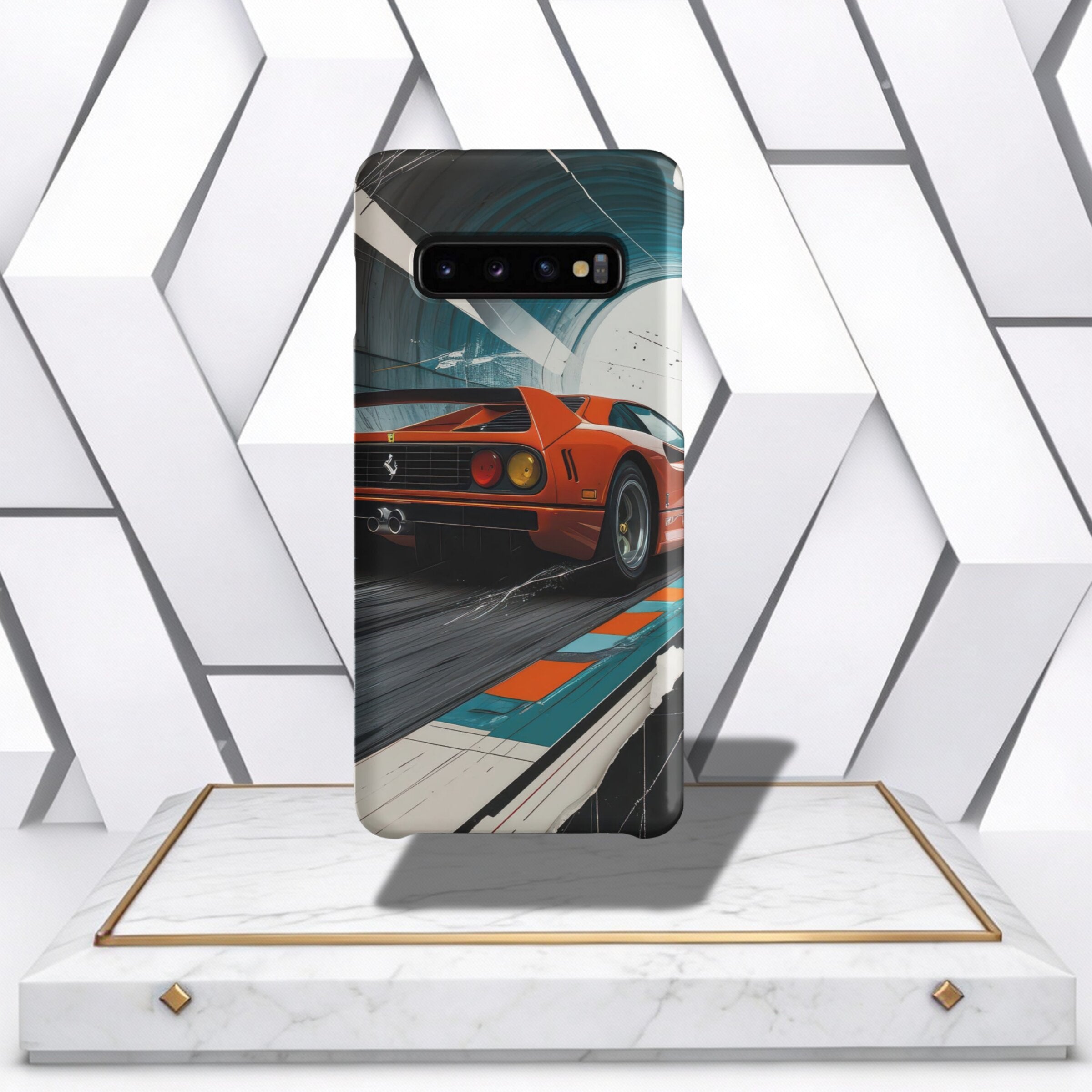 Coocosh Phone Case showcasing a vintage Ferrari F40 racing car design, with a sleek, durable shell for protection, presented on a marble display stand. Ideal for car enthusiasts.