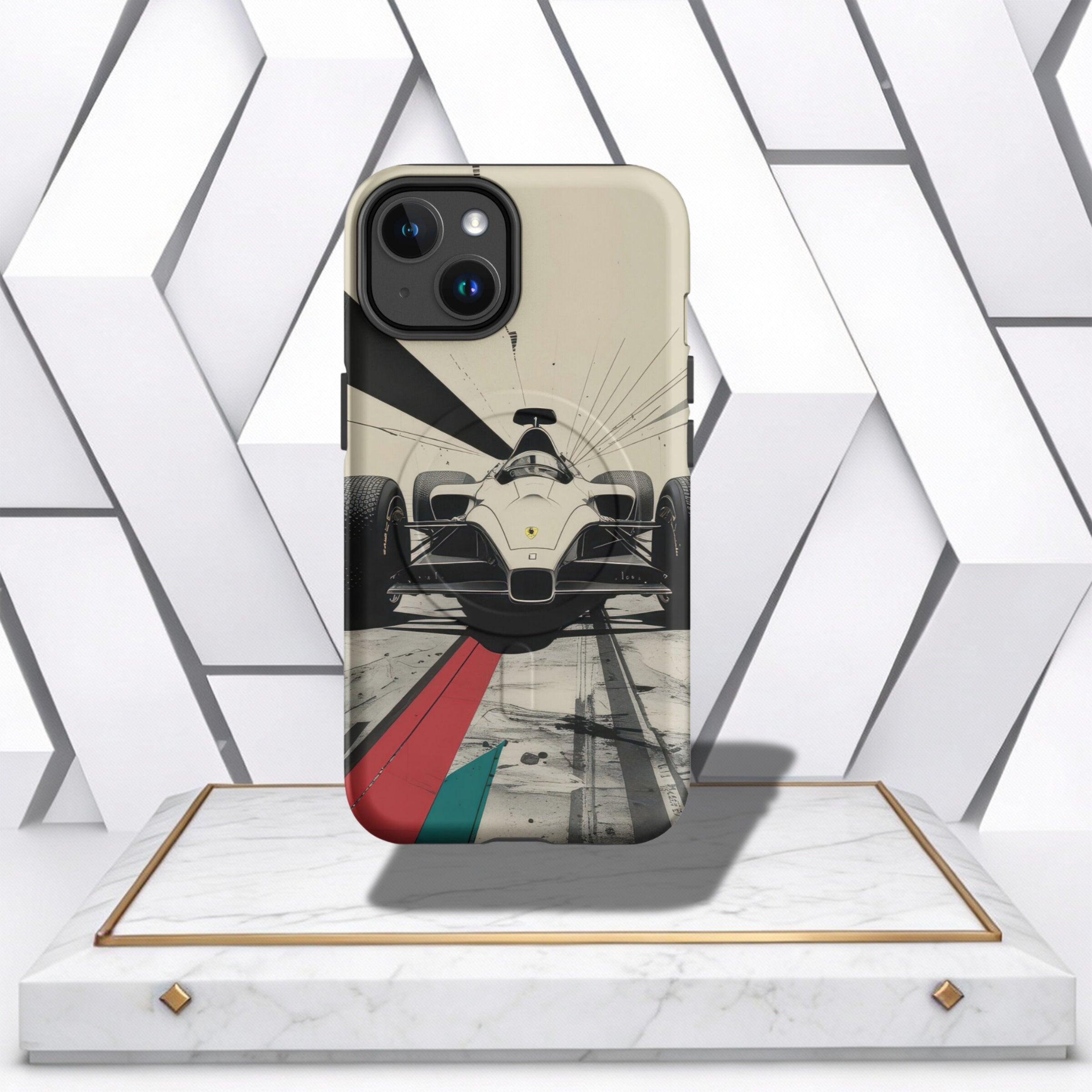 Coocosh Phone Case featuring a vintage Formula 1 race car design, showcasing a sleek, white race car on a beige background with red and green accents, providing ultimate phone protection. This standard-sized case displays a front perspective on a phone.
