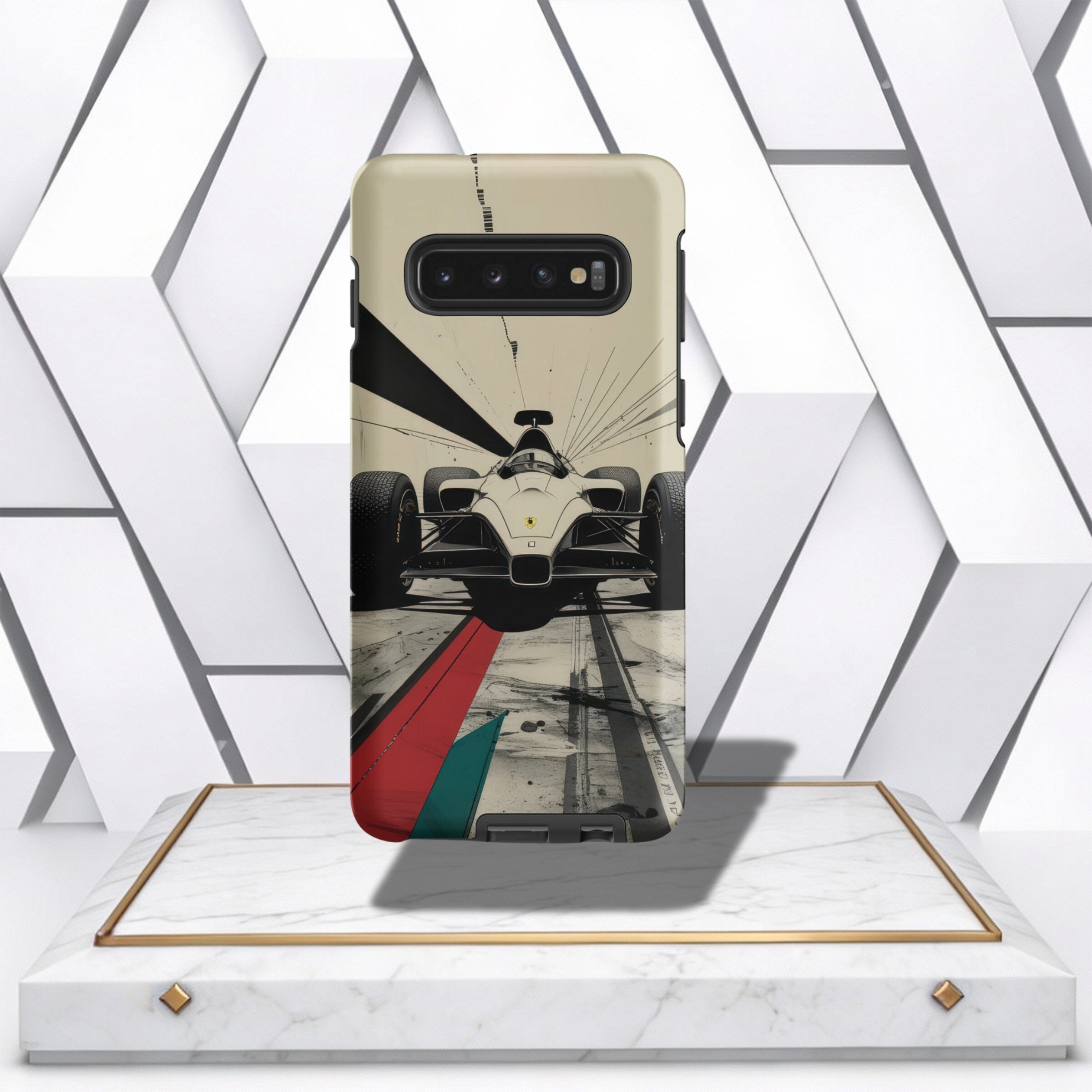 Coocosh Phone Case featuring a vintage race car illustration with red, green and white design elements. The case is shown on a marble display, giving a unique perspective. A standard variant.