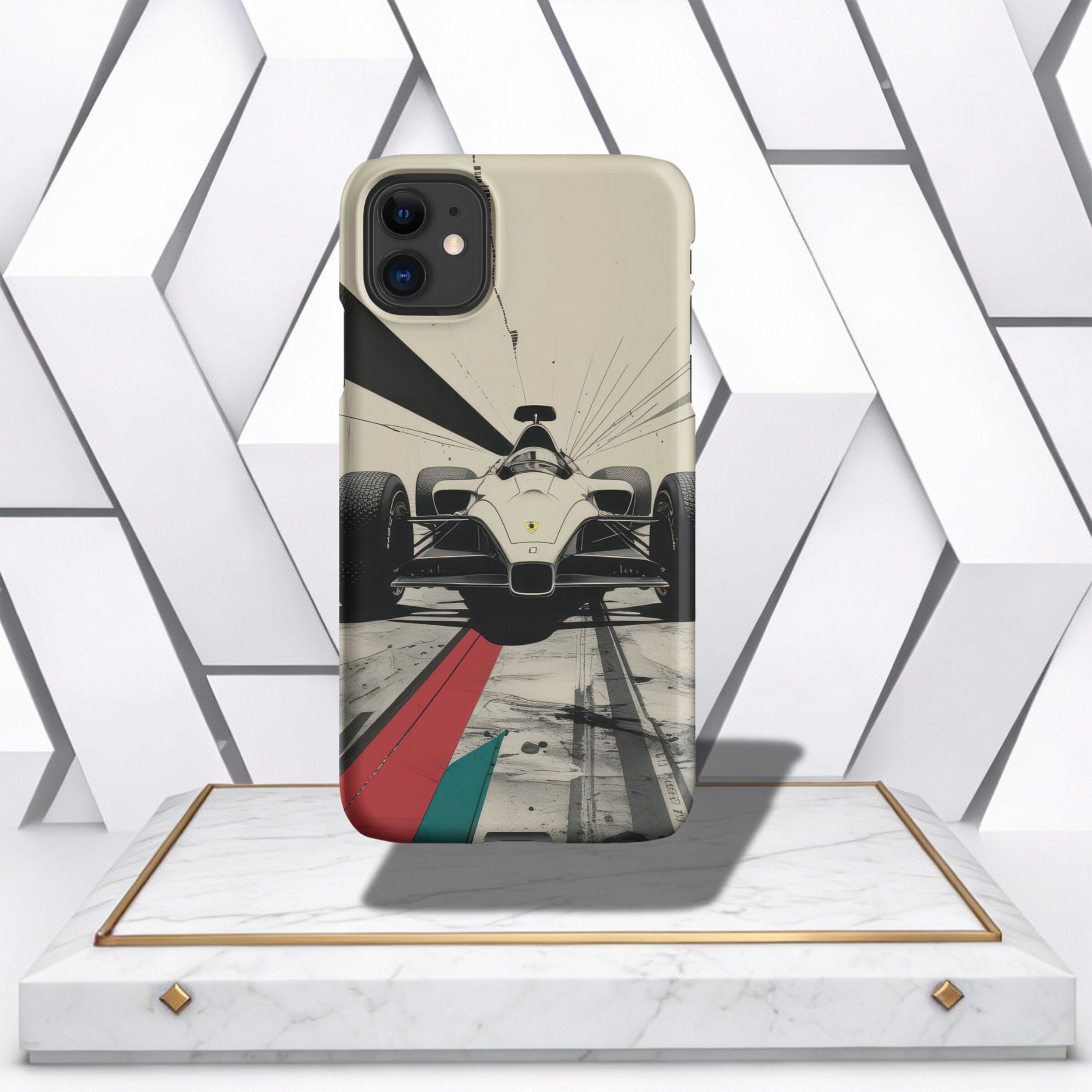 Coocosh iPhone Case features a vintage race car design, adding a retro touch to your device while providing reliable protection against scratches and minor impacts. The case showcases a Formula 1 vehicle with red and green accents for a pop of color. High