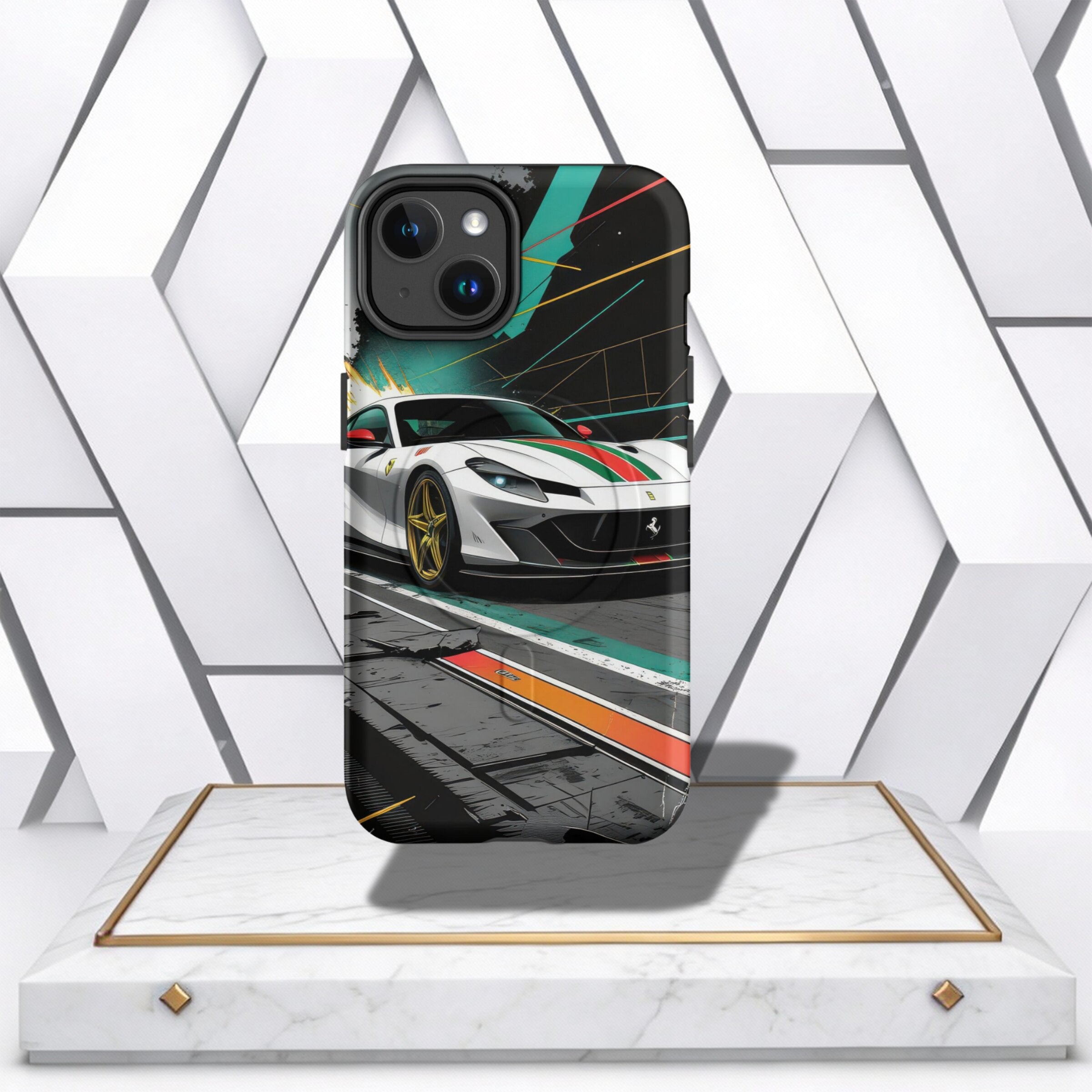 Coocosh phone case featuring a vibrant Ferrari race car design. This durable case offers excellent protection with its sleek black trim and easy access to buttons, adding a personalized touch to your device on display. The car design is vivid and eye-catc