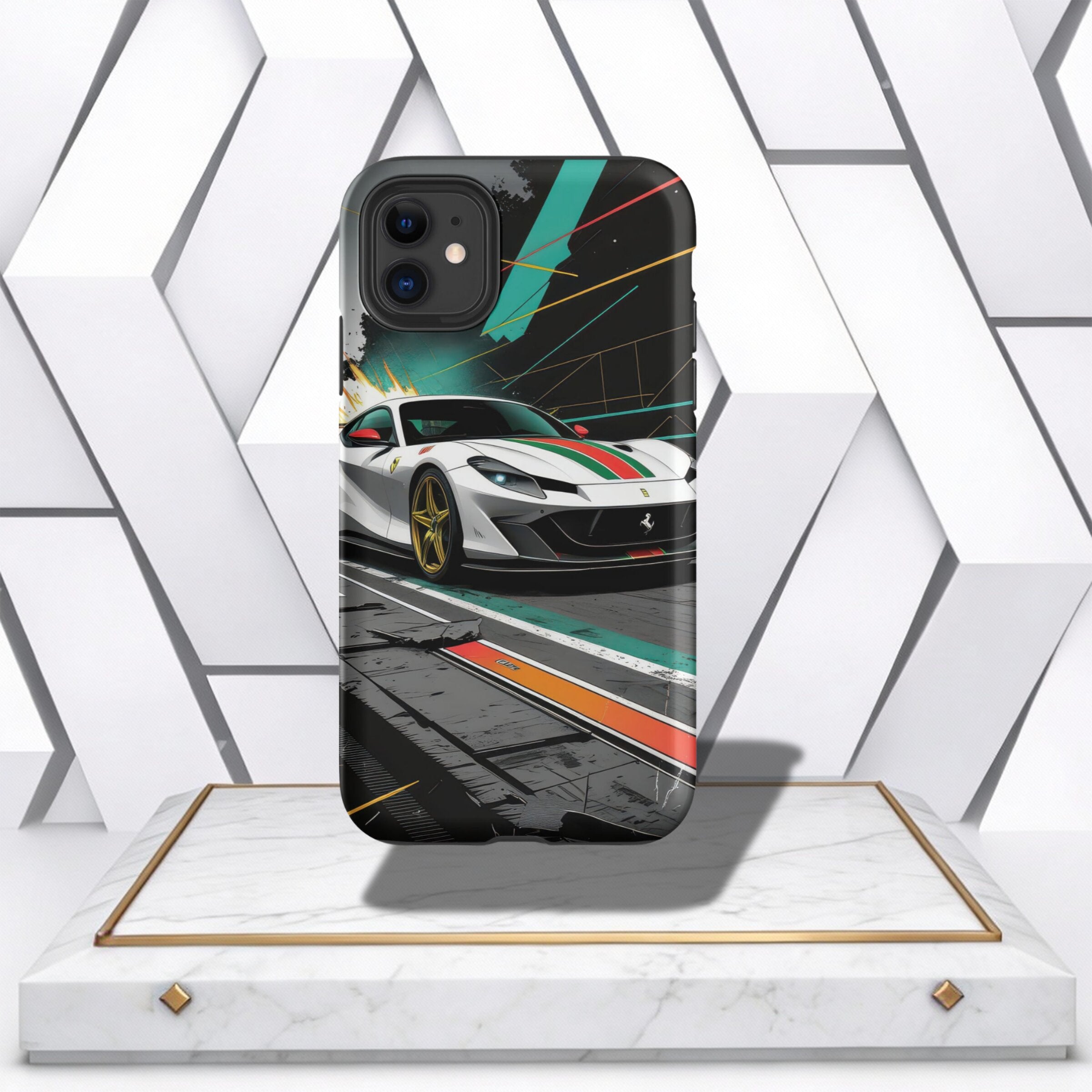 Coocosh Phone Case featuring a stylized Ferrari race car speeding on the track, with bold lines and a modern aesthetic, capturing speed and luxury. The sleek design is eye-catching and functional. A unique look for protection. 180 characters.