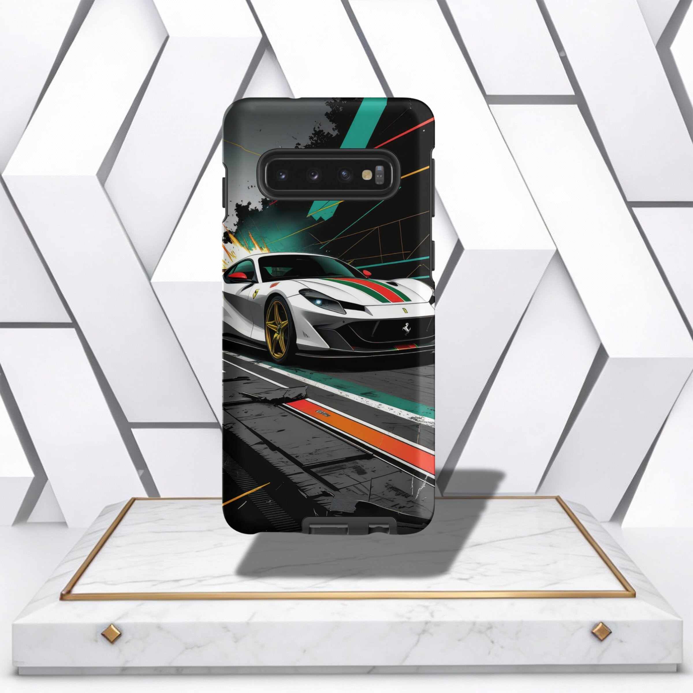 Coocosh phone case featuring a Ferrari race car design offers stylish protection. Sleek black with a dynamic car graphic, this case enhances your phone's aesthetic and provides a secure grip. Show off your passion for speed and luxury with this unique acc