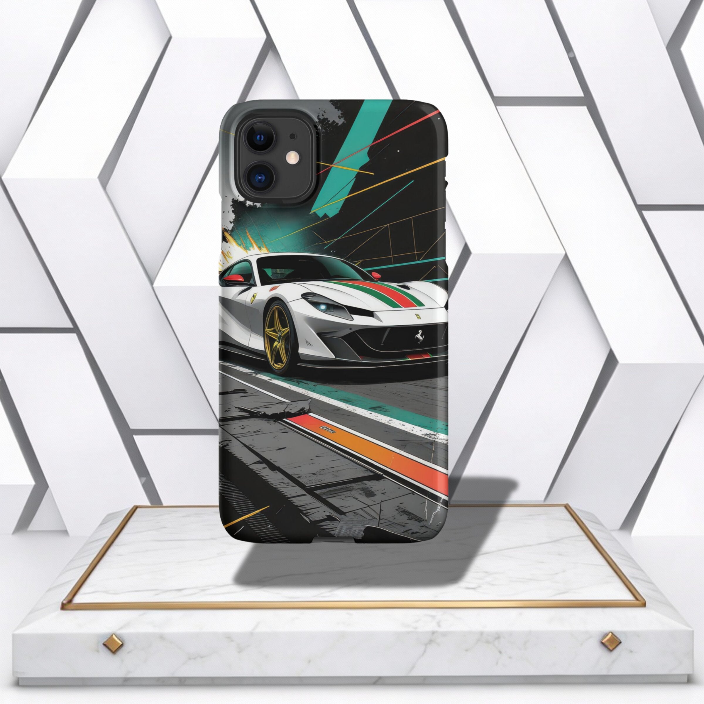 Coocosh phone case featuring a Ferrari 812 Competizione racing car design, black shock-absorbent edges, providing style and protection for your mobile device. An eye-catching accessory.