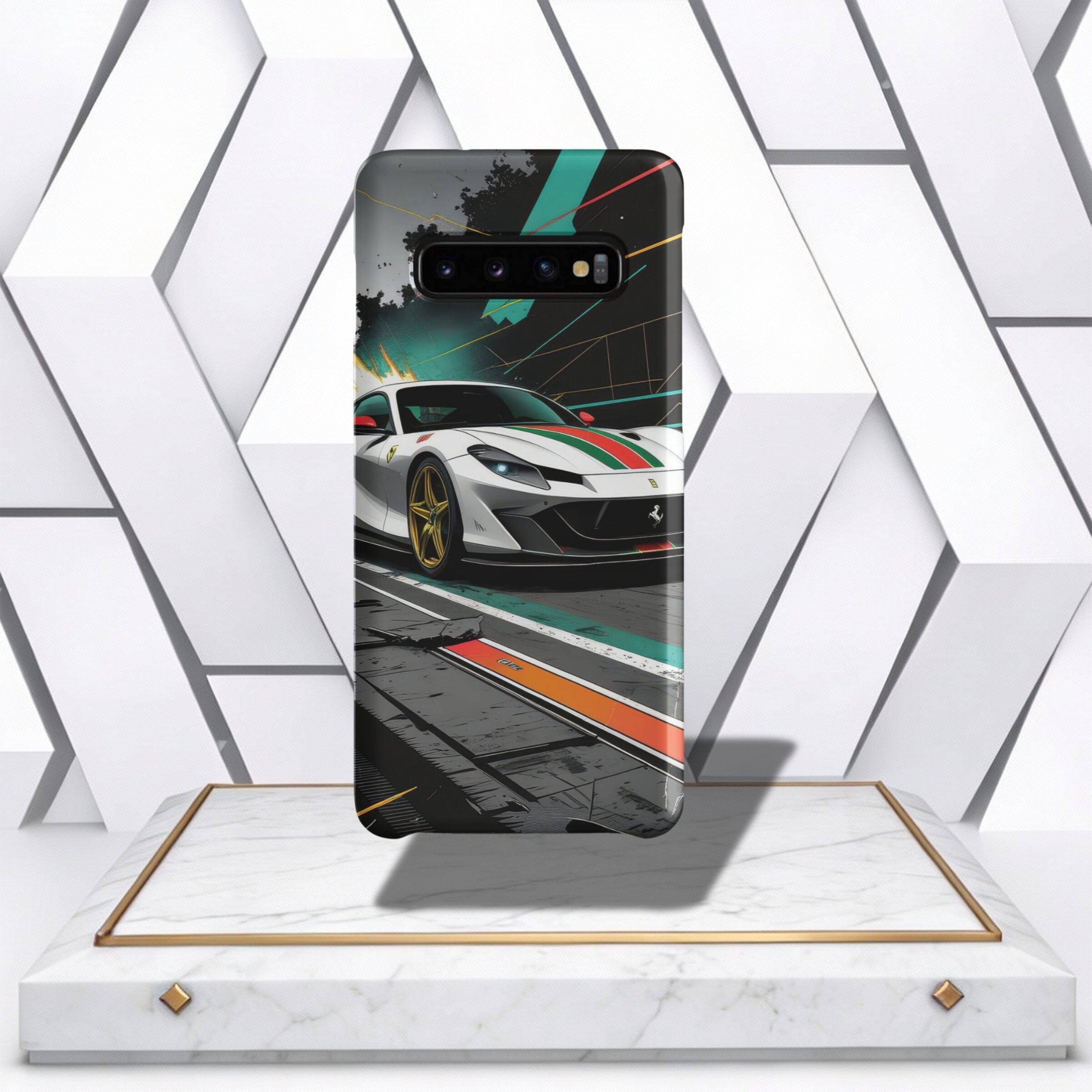 Coocosh phone case featuring a stylish graphic of a white Ferrari race car with Italian stripes on a sleek black background, offering both protection and standout style. Perfect for car enthusiasts and trendsetters alike. A perfect fit and great protectio