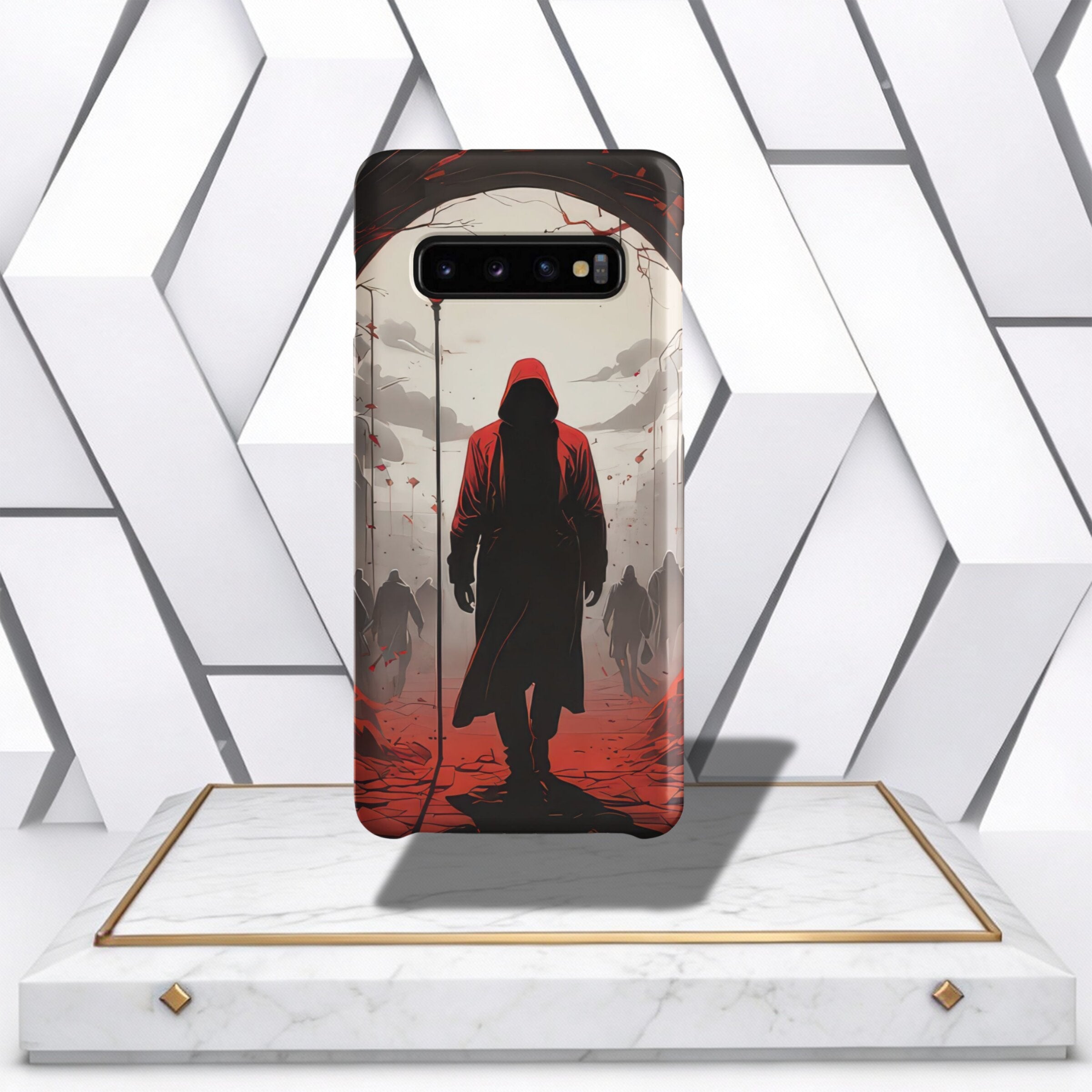 Coocosh Phone Case features a haunting illustration of a hooded figure in red emerging from a shadowed path, a grim procession behind, set against a stark background. It's dramatic.