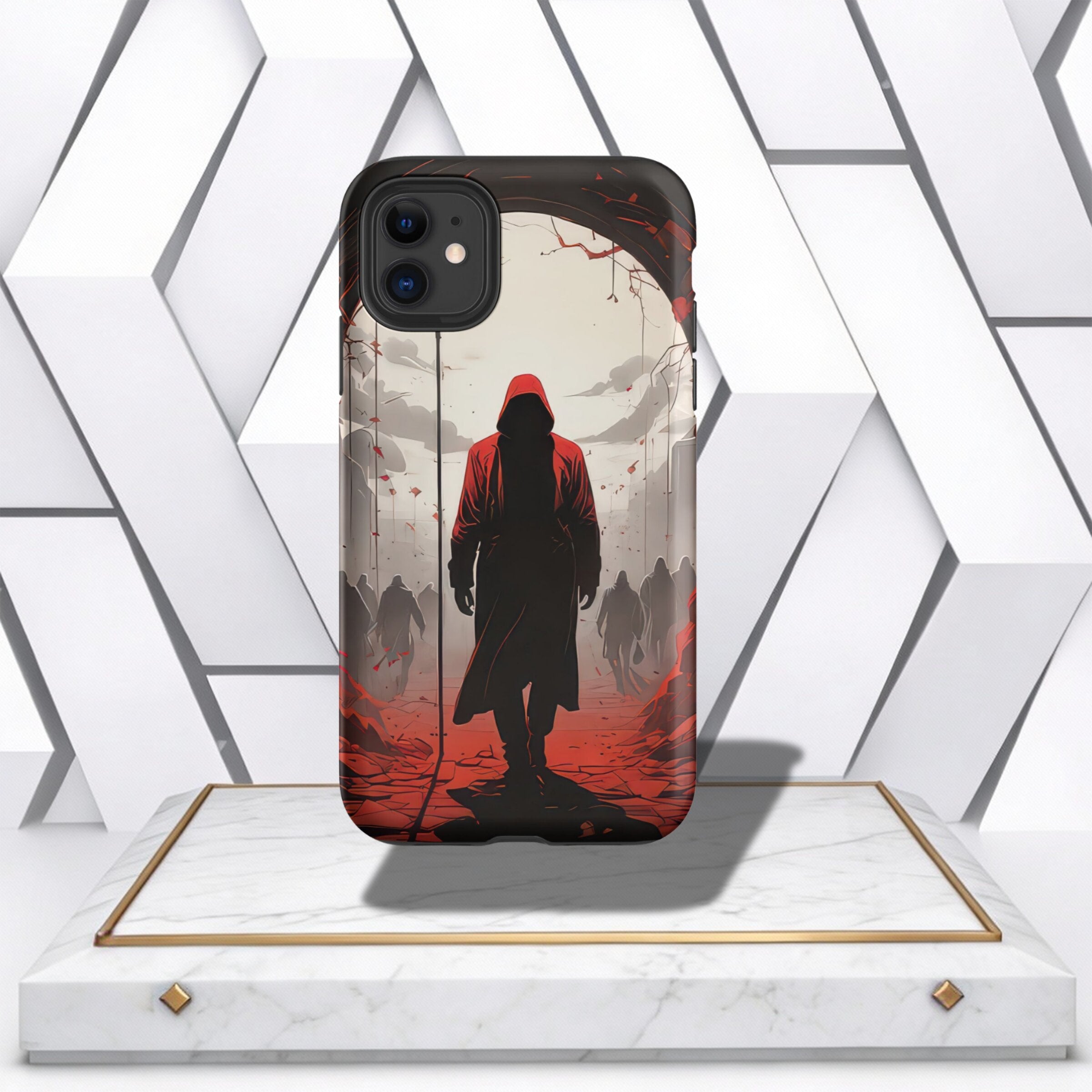 Coocosh Phone Case featuring a digital art design, showcasing a mysterious figure in a red hooded coat walking towards a group of silhouettes, set against a stark white sky with red accents. The phone case is displayed on a marble platform, highlighting t