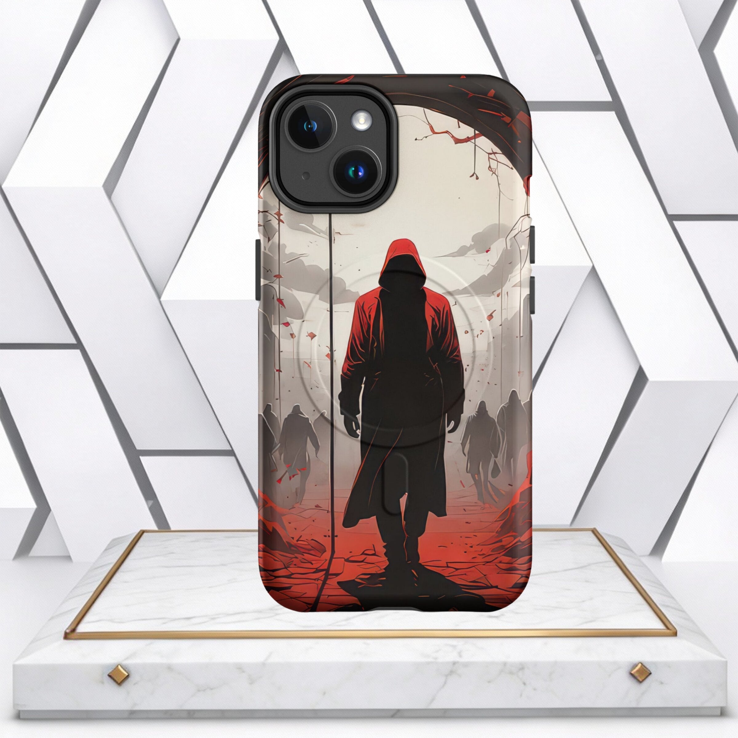 Coocosh phone case showcasing a captivating artistic design, featuring a hooded figure in a red cloak walking towards the viewer, set against a surreal, smoky background. The design creates a sense of mystery and intrigue and is ideal for those who love a