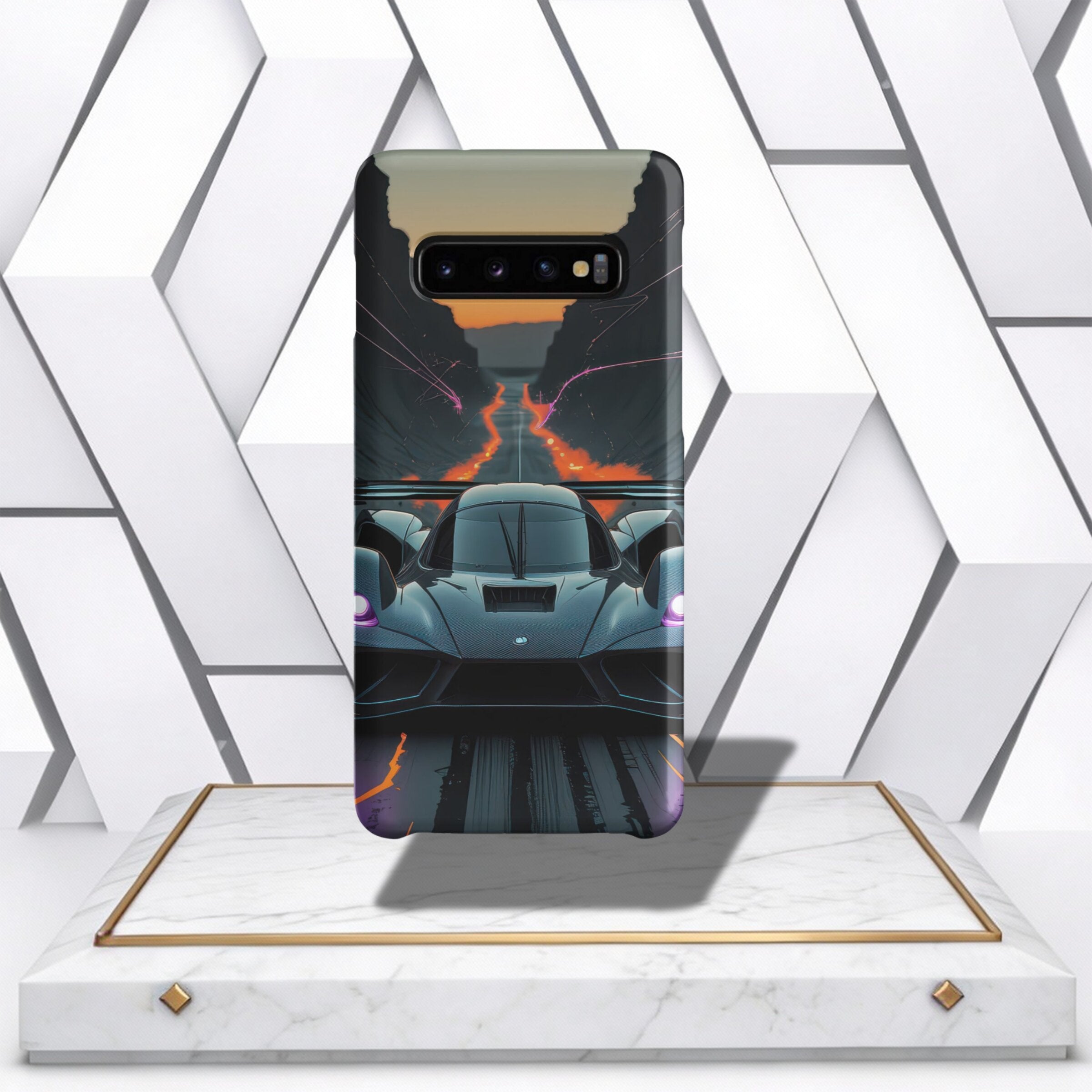 Coocosh Phone Case with Racing Car graphic, a sleek accessory. The black and grey design features a road with lava and lightning, adding a cool, dynamic look to your device. High-quality printing ensures durability and style. Protect your phone with flair