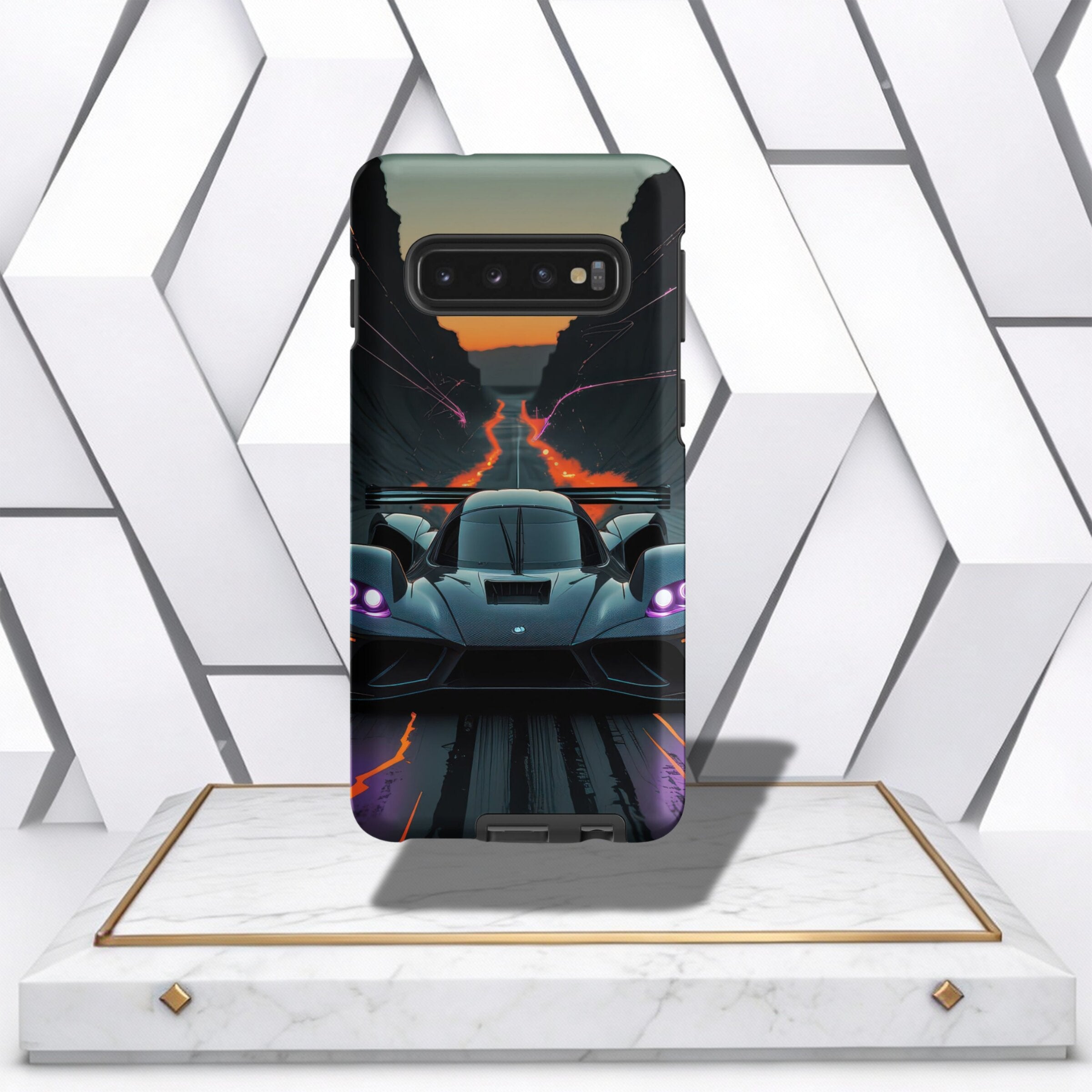 Coocosh phone case displaying a futuristic race car on a neon lit track at sunset, adding a pop of color, made with durable materials, standard size, product display on a modern platform.