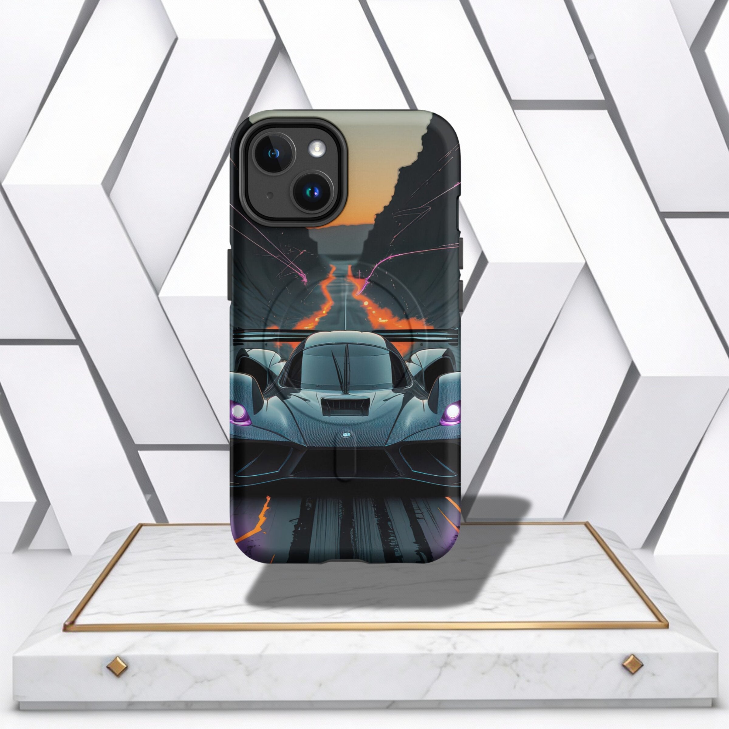 Coocosh Phone Case features a high-quality abstract futuristic race car speeding through a neon-lit tunnel art design. Black & Orange, standard size, displayed on a marble stand. Period.