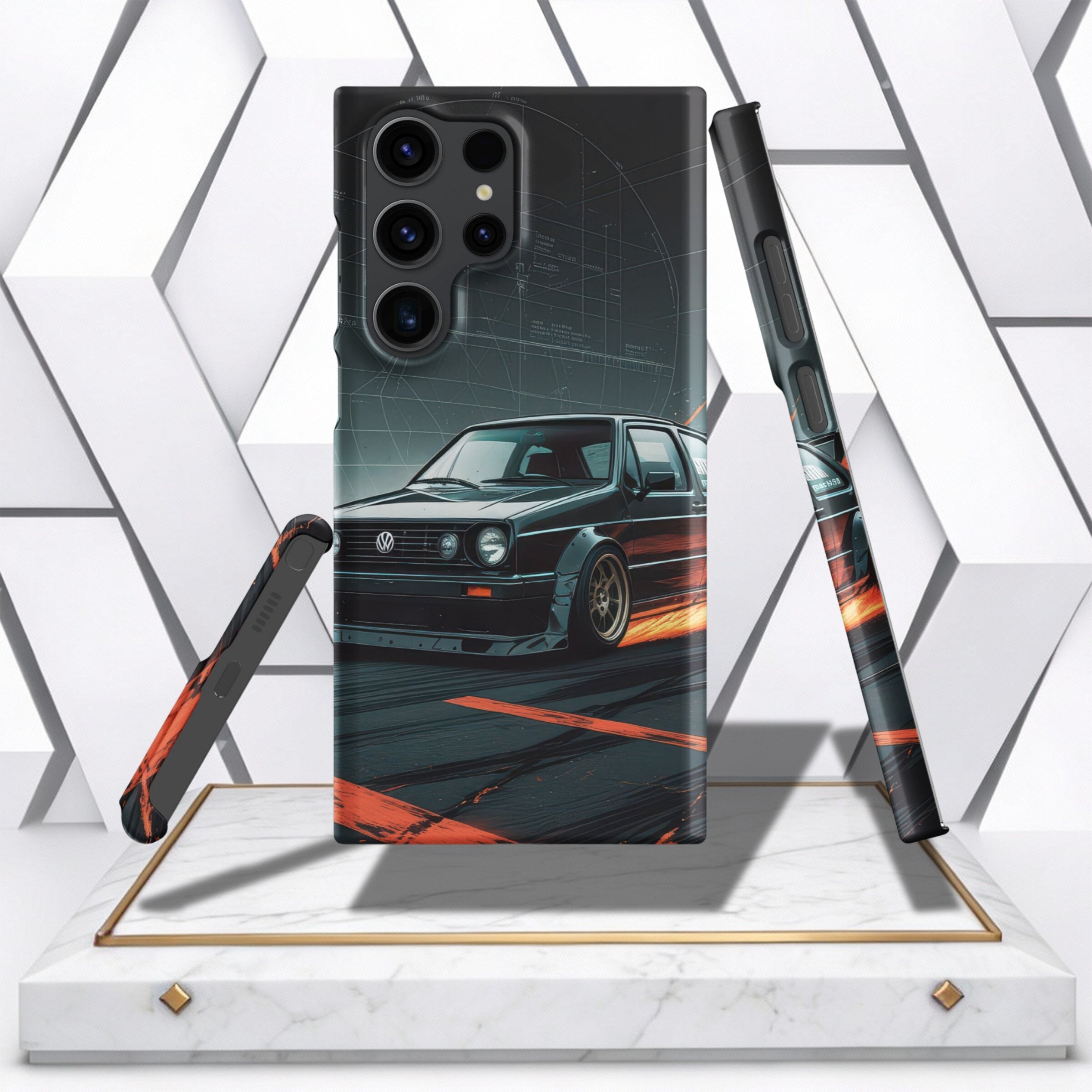 Coocosh Phone Case featuring a vintage car and blueprint design in gray and orange hues, providing robust protection for standard-sized smartphones, a unique and stylish accessory. Period.
