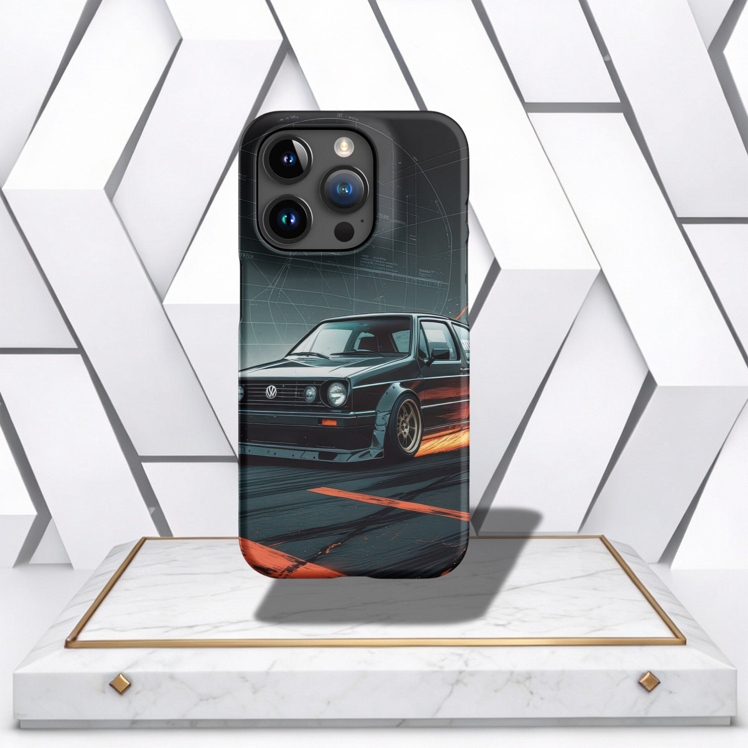 Coocosh Phone Case features a vintage black VW Golf design with orange accents, displayed on a marble stand against a geometric white backdrop. The case provides protection and style.