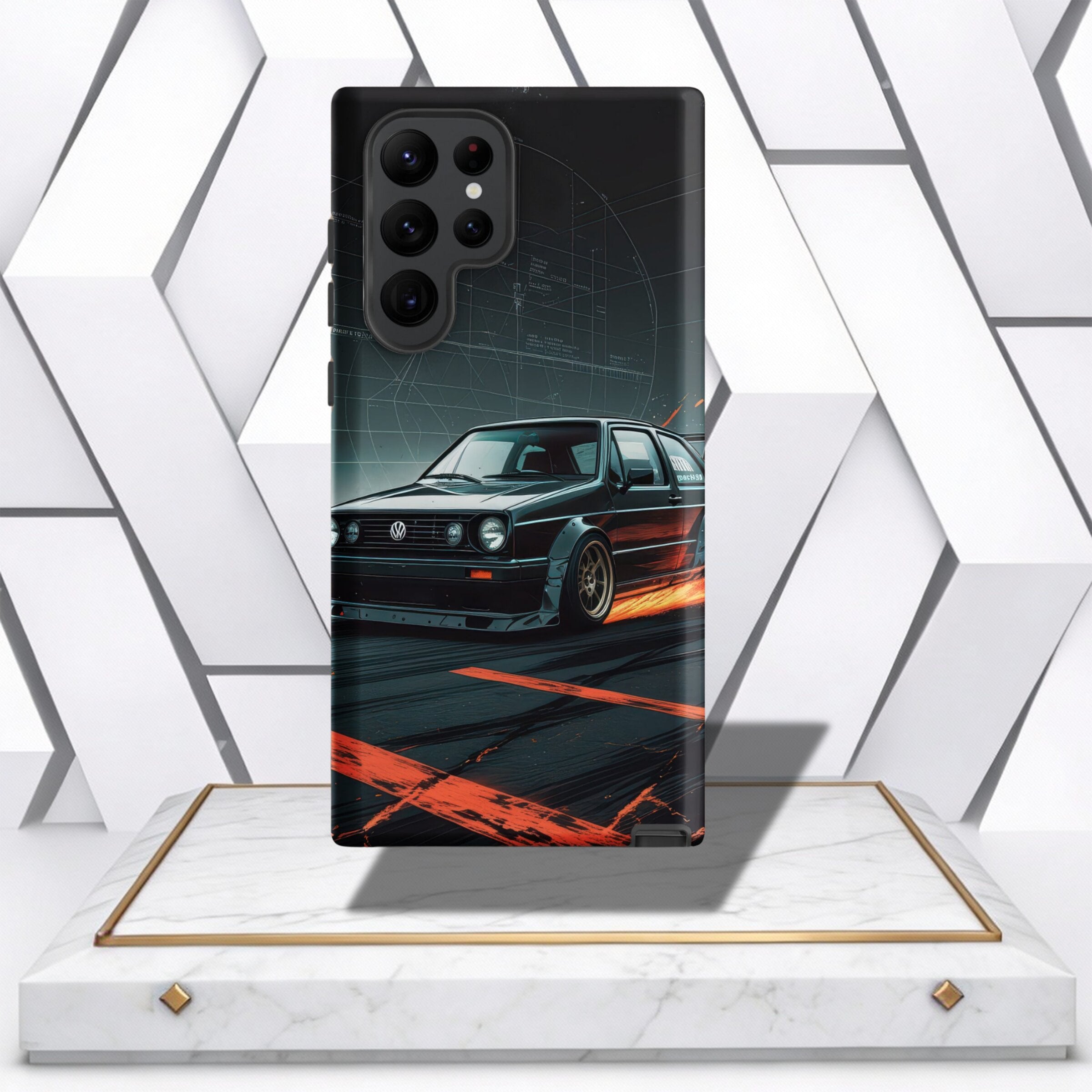 Coocosh Phone Case featuring a vintage VW Golf drifting design showcases automotive passion. Striking black and orange accent a durable protective layer. The perfect fit for style and car enthusiasm. Standard.