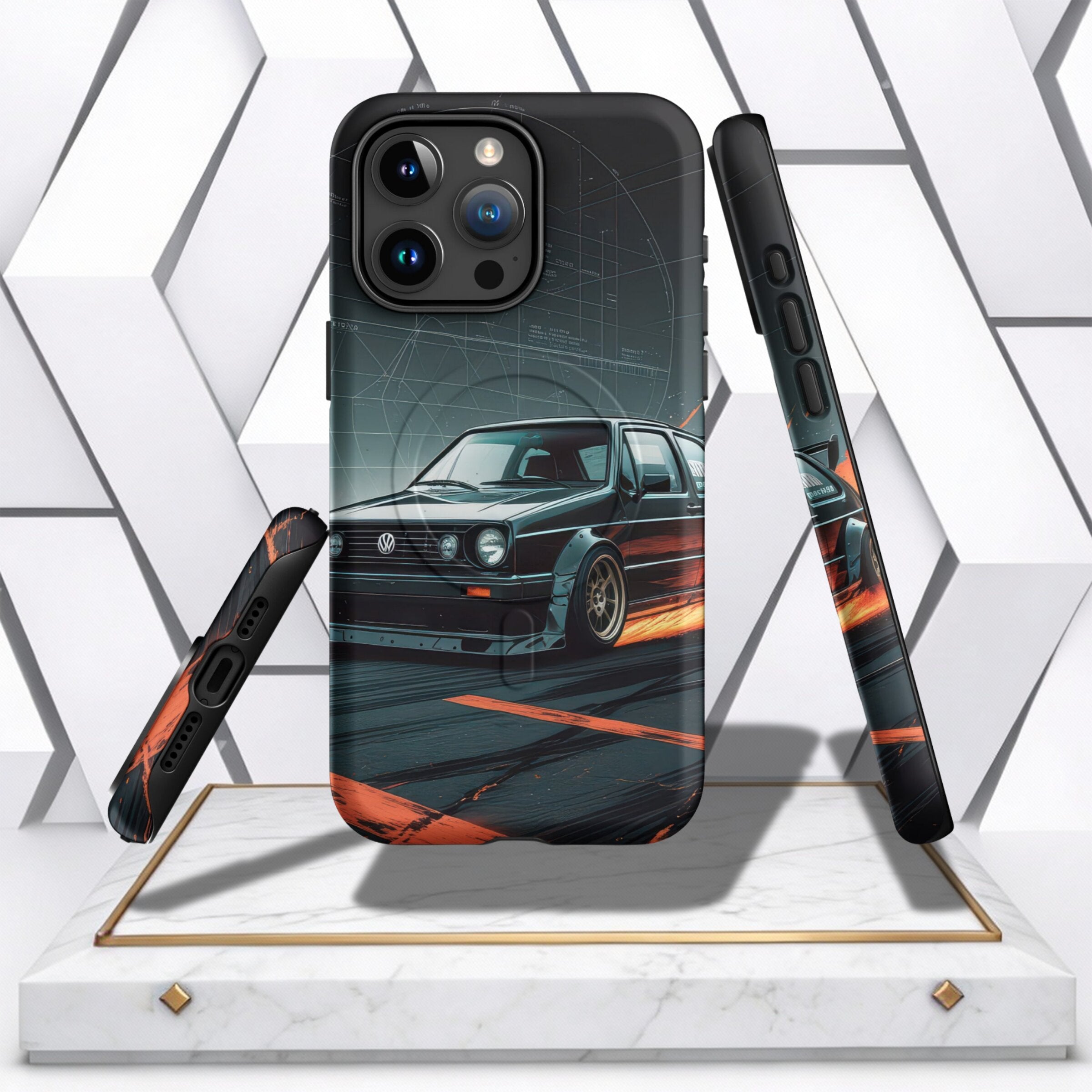 Coocosh phone case showcasing a black Volkswagen Golf drifting with orange accents, providing impact protection and a stylish design. The case is displayed on a marble surface with a modern background, highlighting its slim profile and vibrant graphics, e