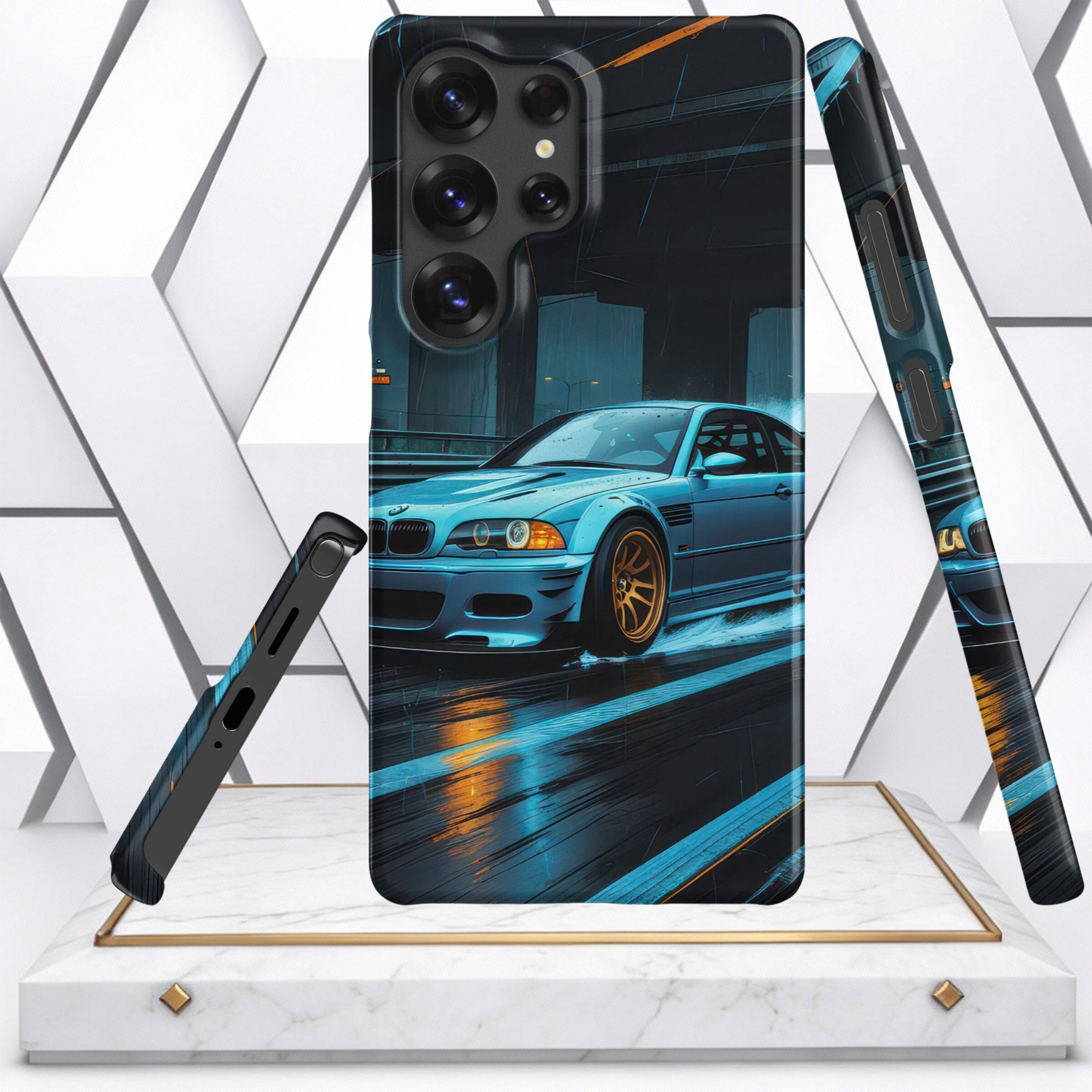 Coocosh Phone Case featuring a high-gloss finish with a striking blue sports car design, capturing speed and city vibes. Durable and stylish, this case fits your phone perfectly. A sleek way to protect your device with a touch of high-performance aestheti