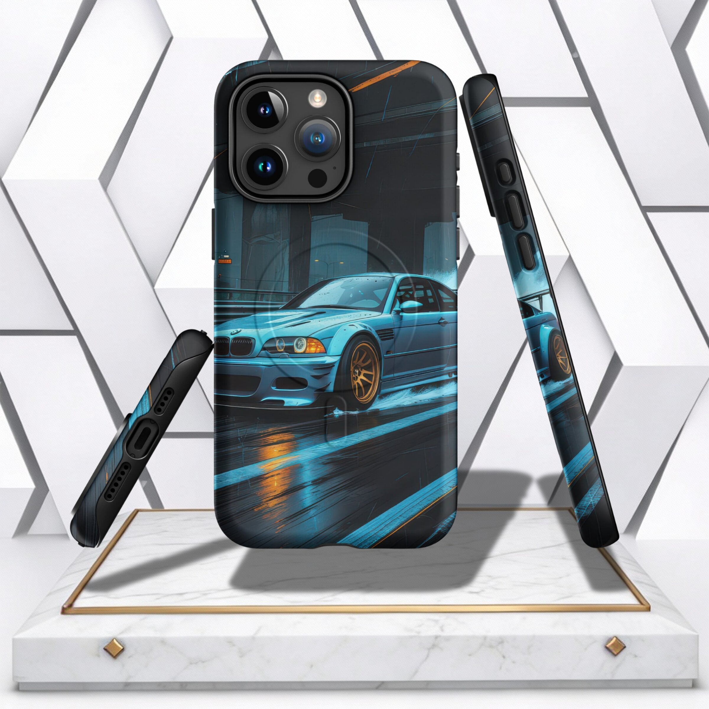 Coocosh Phone Case featuring an E46 M3 car design, providing protection and style. The case showcases a blue M3 car on a wet city street, creating a dynamic and visually appealing look. A perfect accessory for car enthusiasts, offering both aesthetic and 