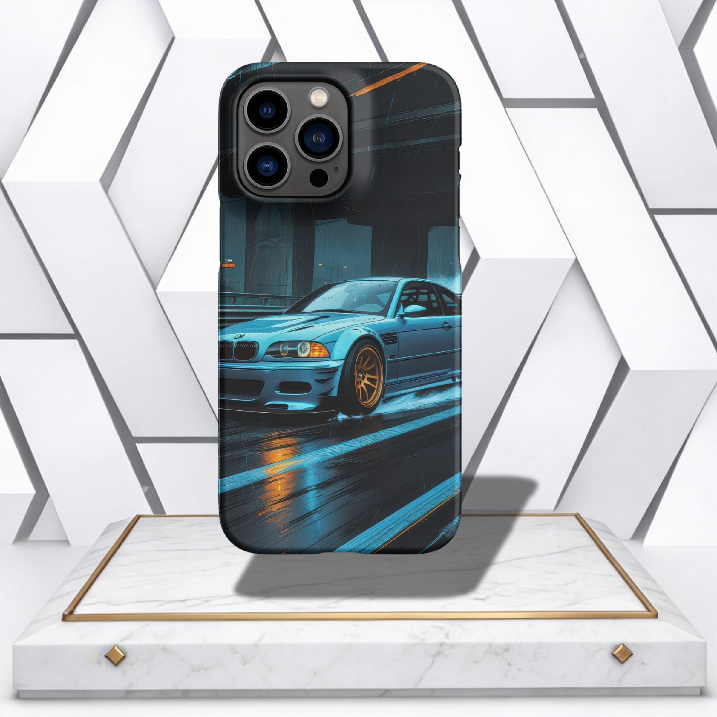 Coocosh Phone Case featuring a dynamic car racing scene on a wet road, made with durable materials for protection, showcasing a cool blue color and sleek design, displayed for urban lifestyle appeal. This case offers both style and function with its moder