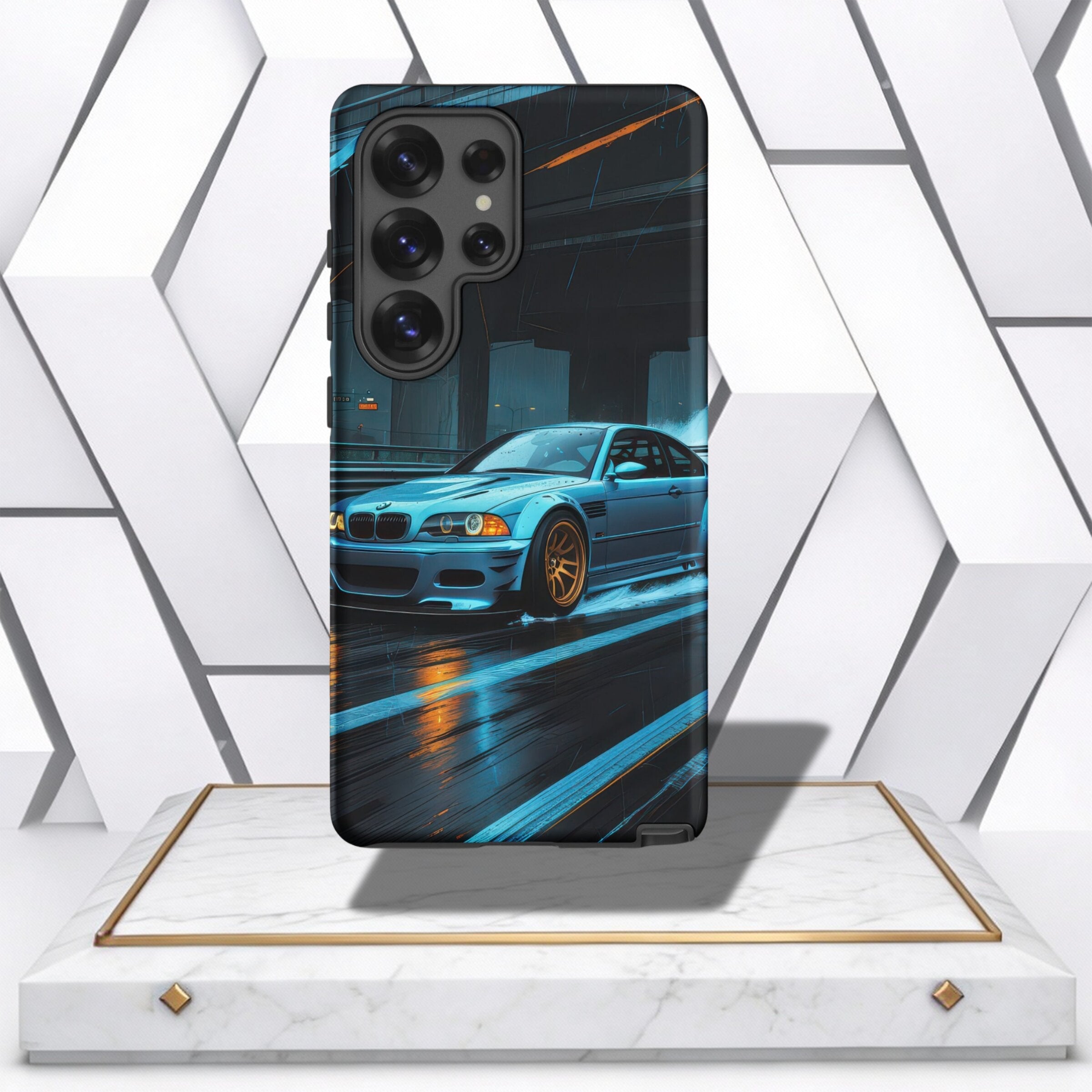 Coocosh Phone Case featuring a vibrant BMW M3 drifting in the rain, adding a touch of automotive artistry, made of durable plastic, showcasing multicolor design and sleek standard fit, offering a stylish, protective accessory. This brings a racing aesthet