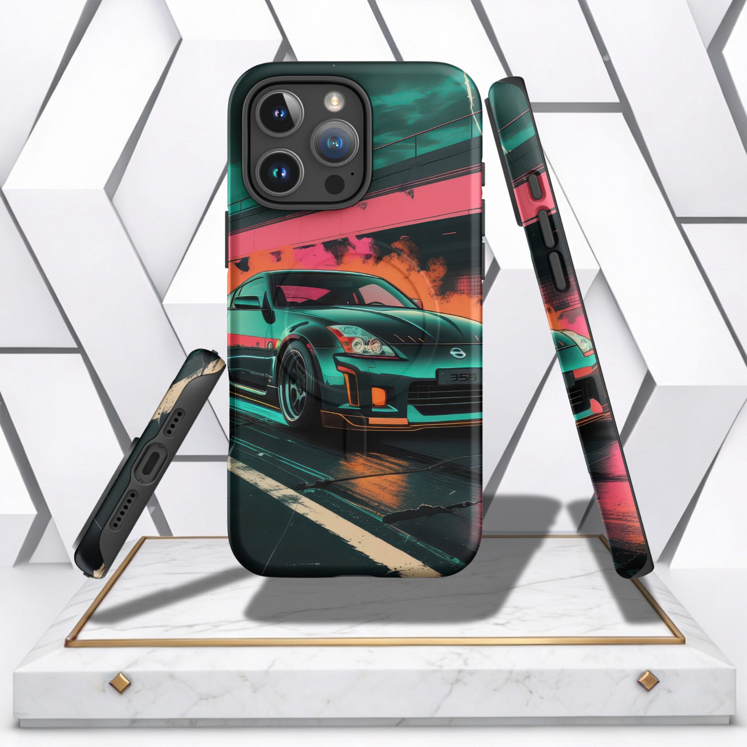 Coocosh phone case showcases a Nissan 350Z illustration with vibrant pink and teal hues, offering a striking look and robust protection in a sleek design. Perfect for car enthusiasts, shown in a dynamic studio shot with a modern backdrop. The case is desi