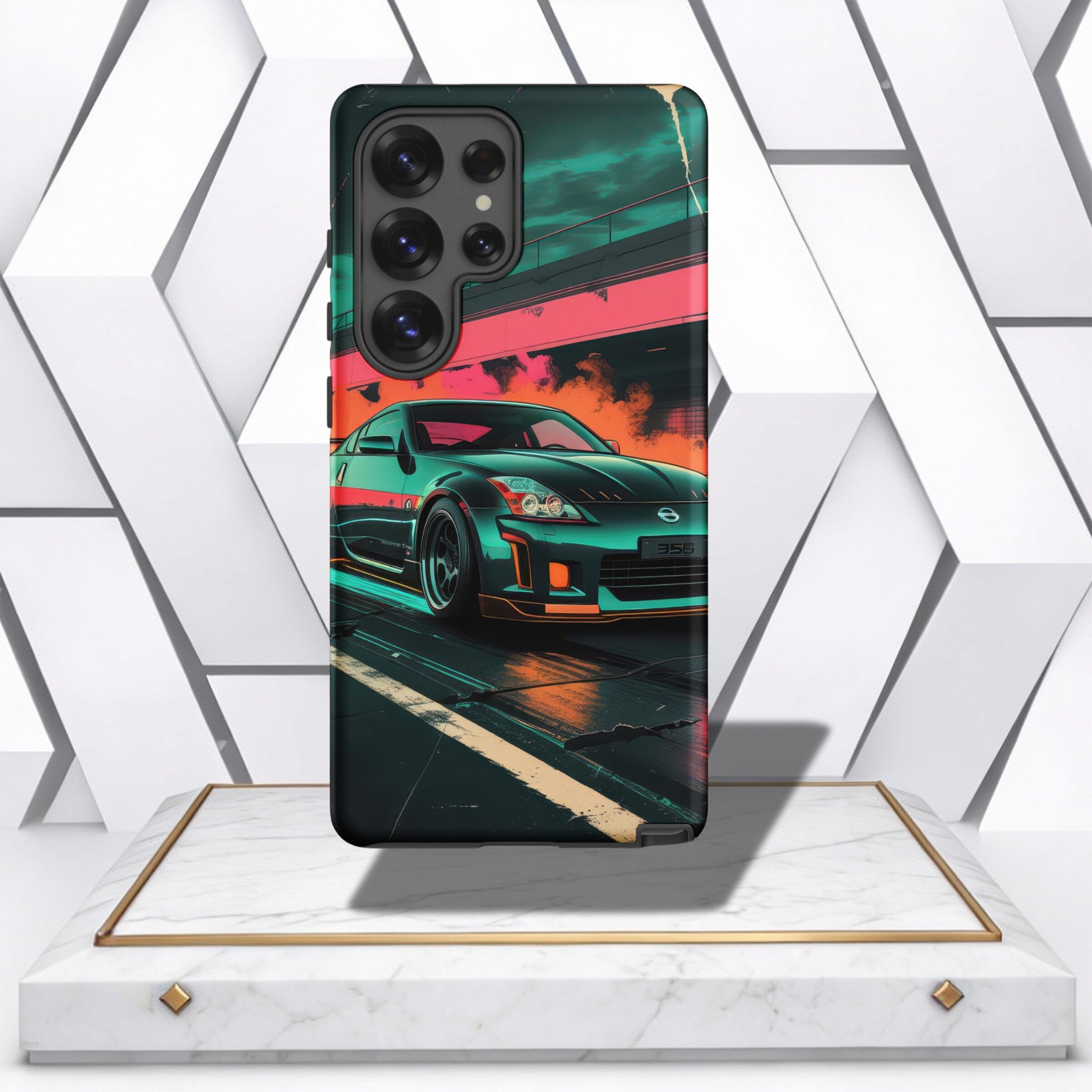 Coocosh Phone Case featuring a Nissan 350Z car racing on a street, with vibrant orange and teal colors, offering protection and style for your mobile device. A trendy accessory.