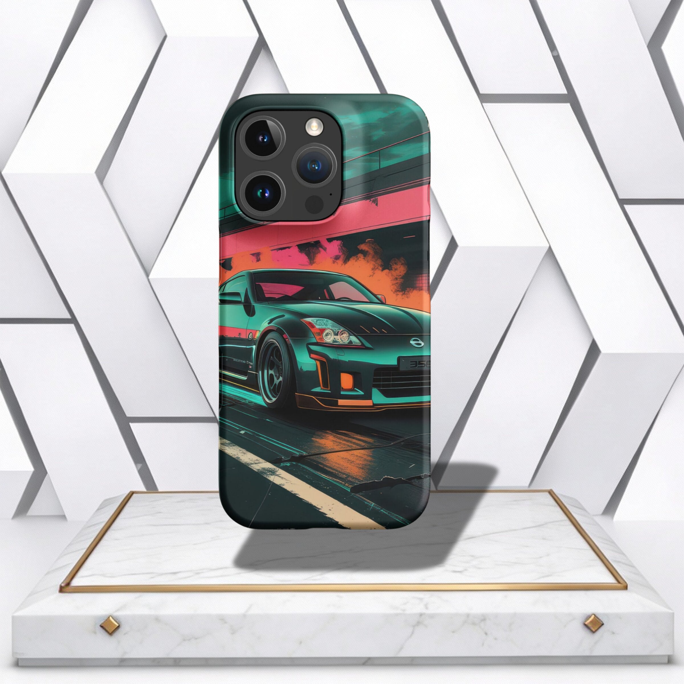 Coocosh Phone Case featuring a Nissan 350Z with bold lines and vibrant colors, offering excellent protection and a unique style for your mobile device. Showcase your passion with this accessory.