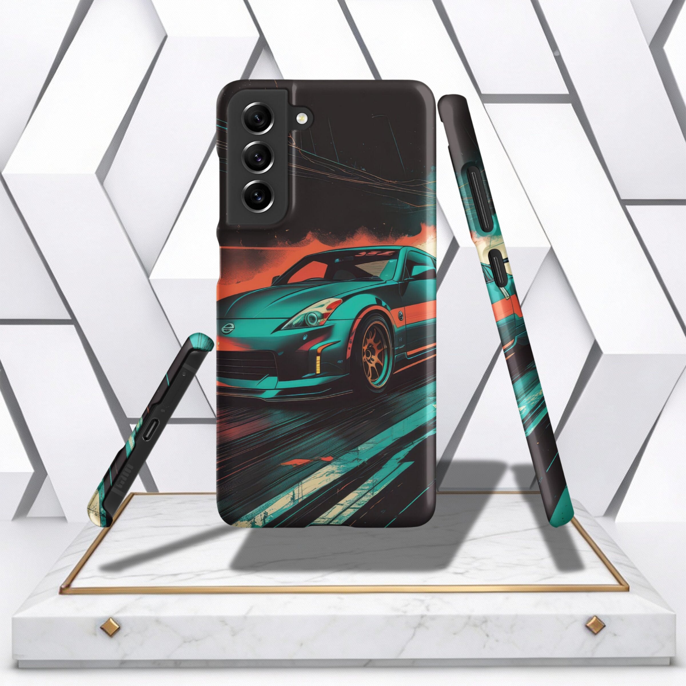 Coocosh's stylish phone case showcasing racing art, lightweight yet durable, designed for comfortable handling and optimal protection during daily activities.