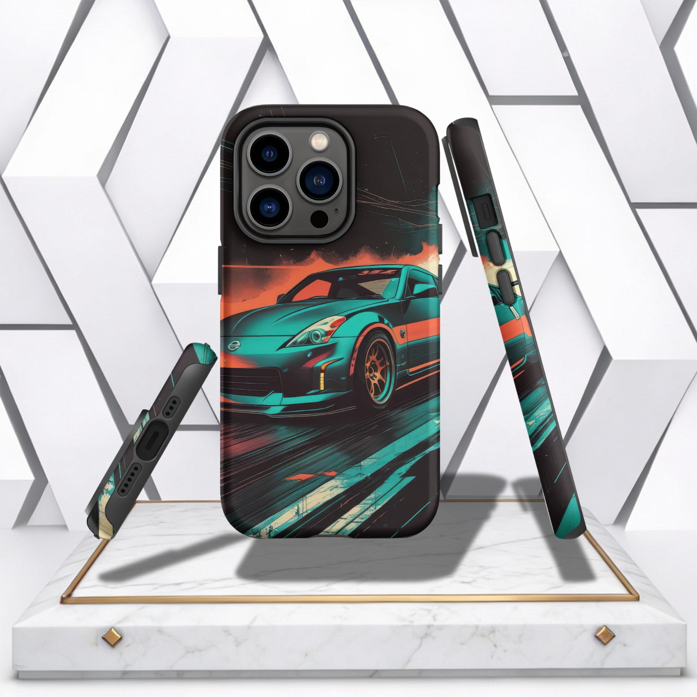 Coocosh modern phone case displaying a captivating teal and orange design, engineered with tough materials for effective protection, perfect for daily adventures.