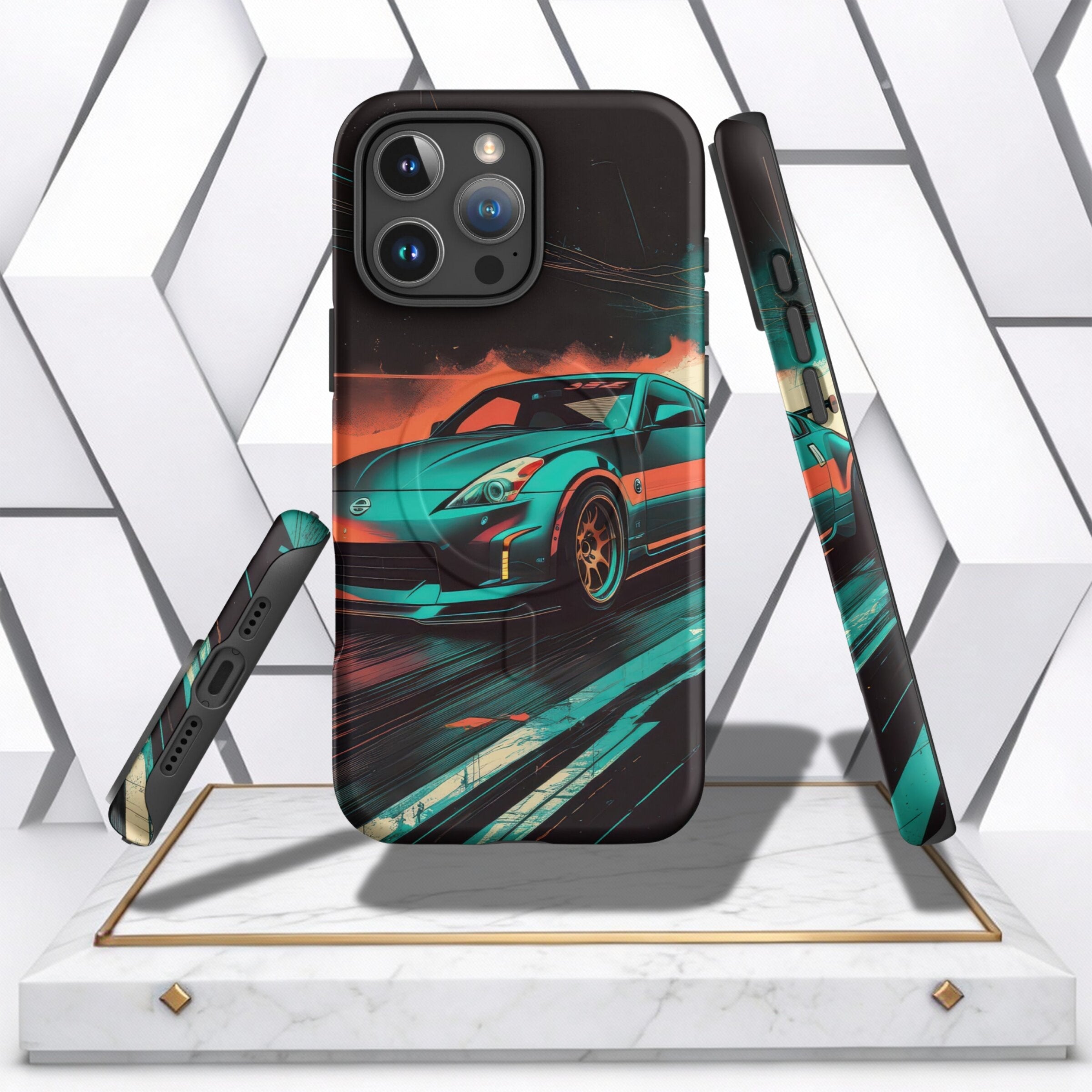 Coocosh iPhone Case showcases a vibrant, stylized car design, blending teal, orange and black hues. Durable material ensures device protection. Standard size, showcasing three phone case views. Perspective is a studio product shot.