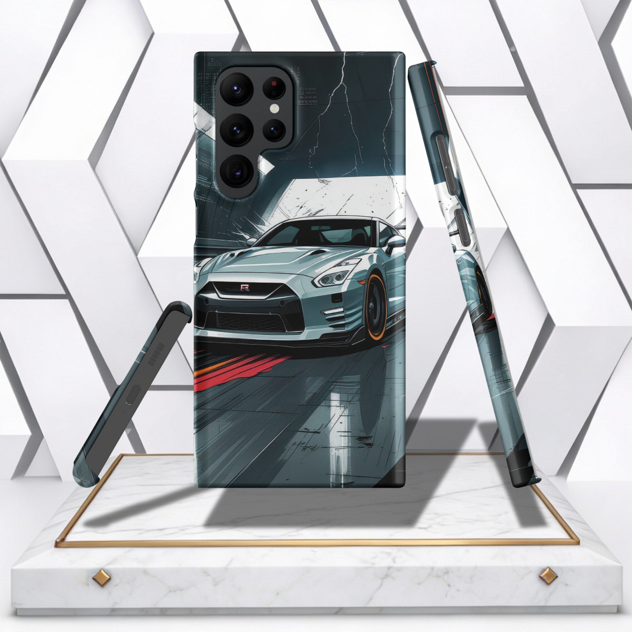 Coocosh's premium phone case for Samsung, showcasing a unique gray design with polycarbonate construction, ideal for stylish everyday protection.