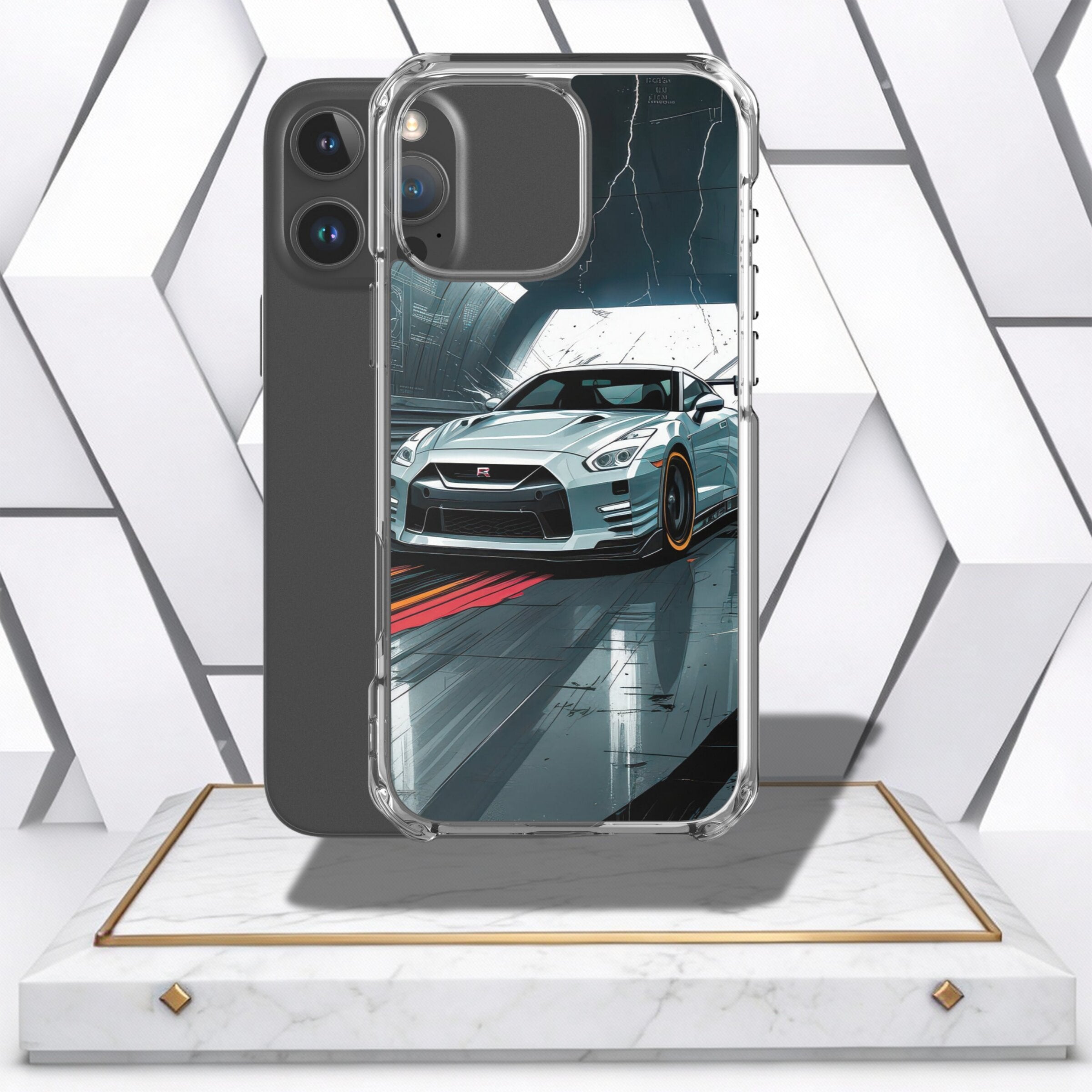 Coocosh Phone Case featuring a cool Nissan GT-R car graphic, clear TPU bumper, offering drop protection with a sleek design, showcasing the sporty aesthetic from a modern perspective.