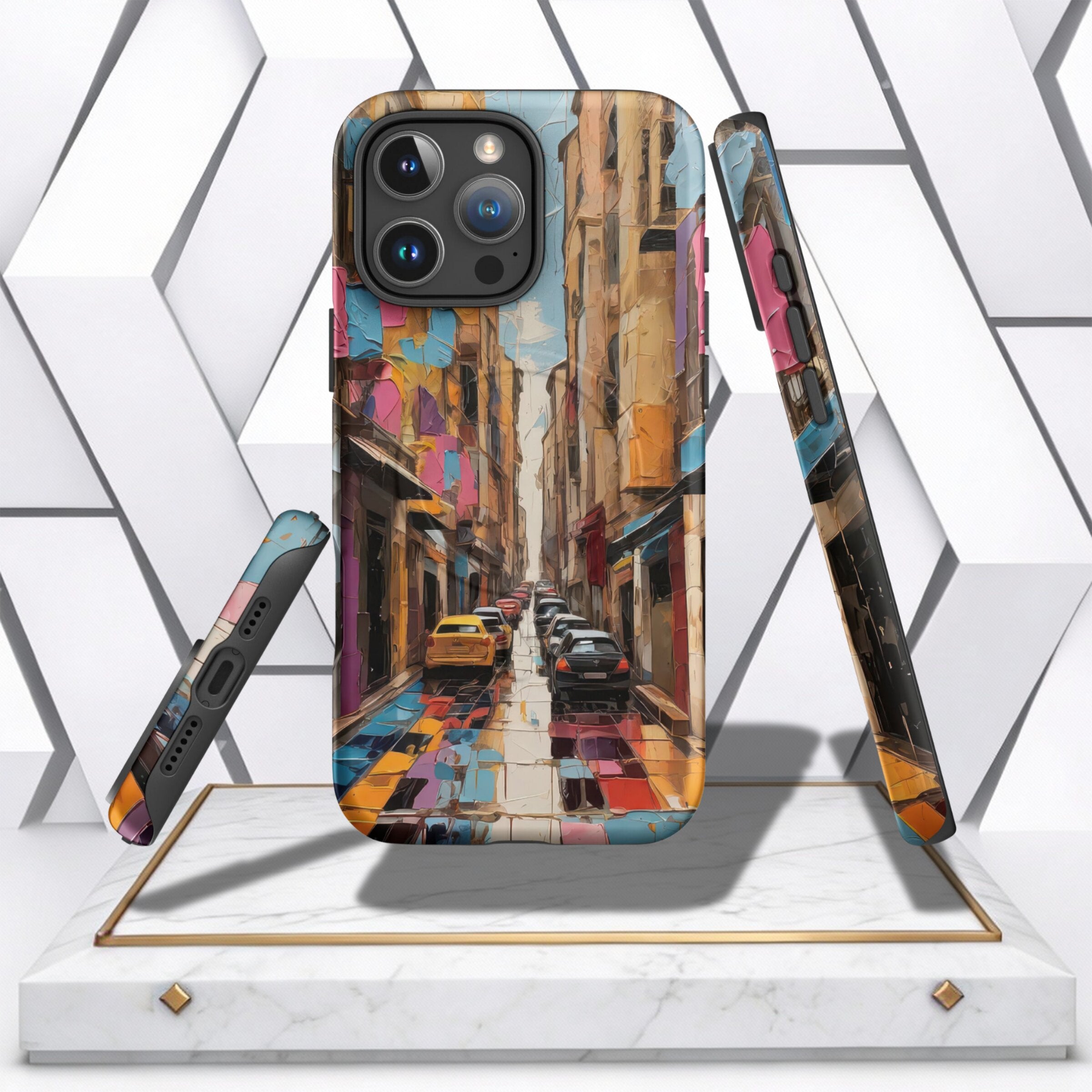 Coocosh Phone Case featuring a vibrant, textured painting of an old European city street. The colorful case protects the phone while adding an artistic flair and unique perspective.