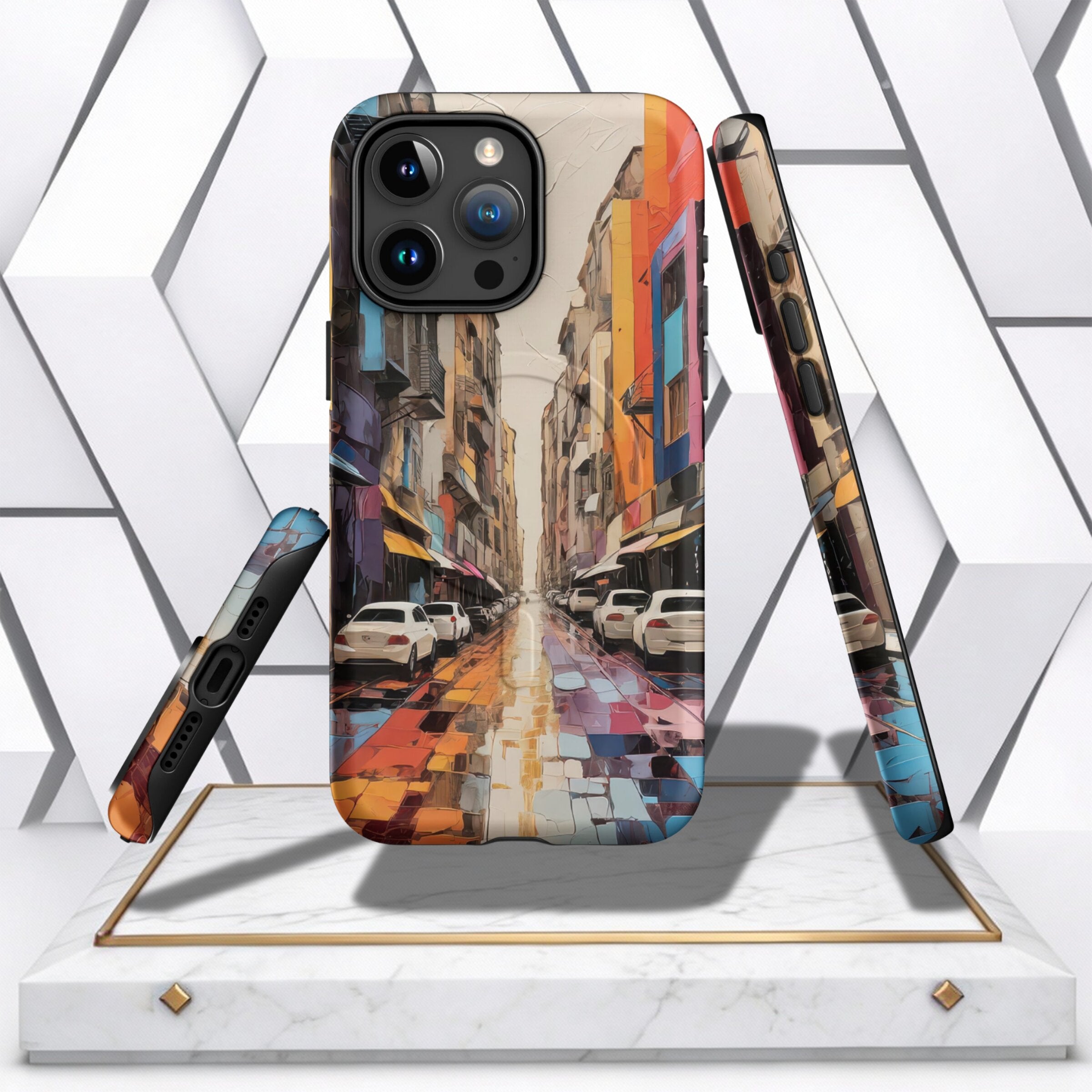Coocosh iPhone Case featuring a vibrant city street art design in orange, blue and white, offering protection and style. The phone case is displayed in a studio setting on a marble stand.
