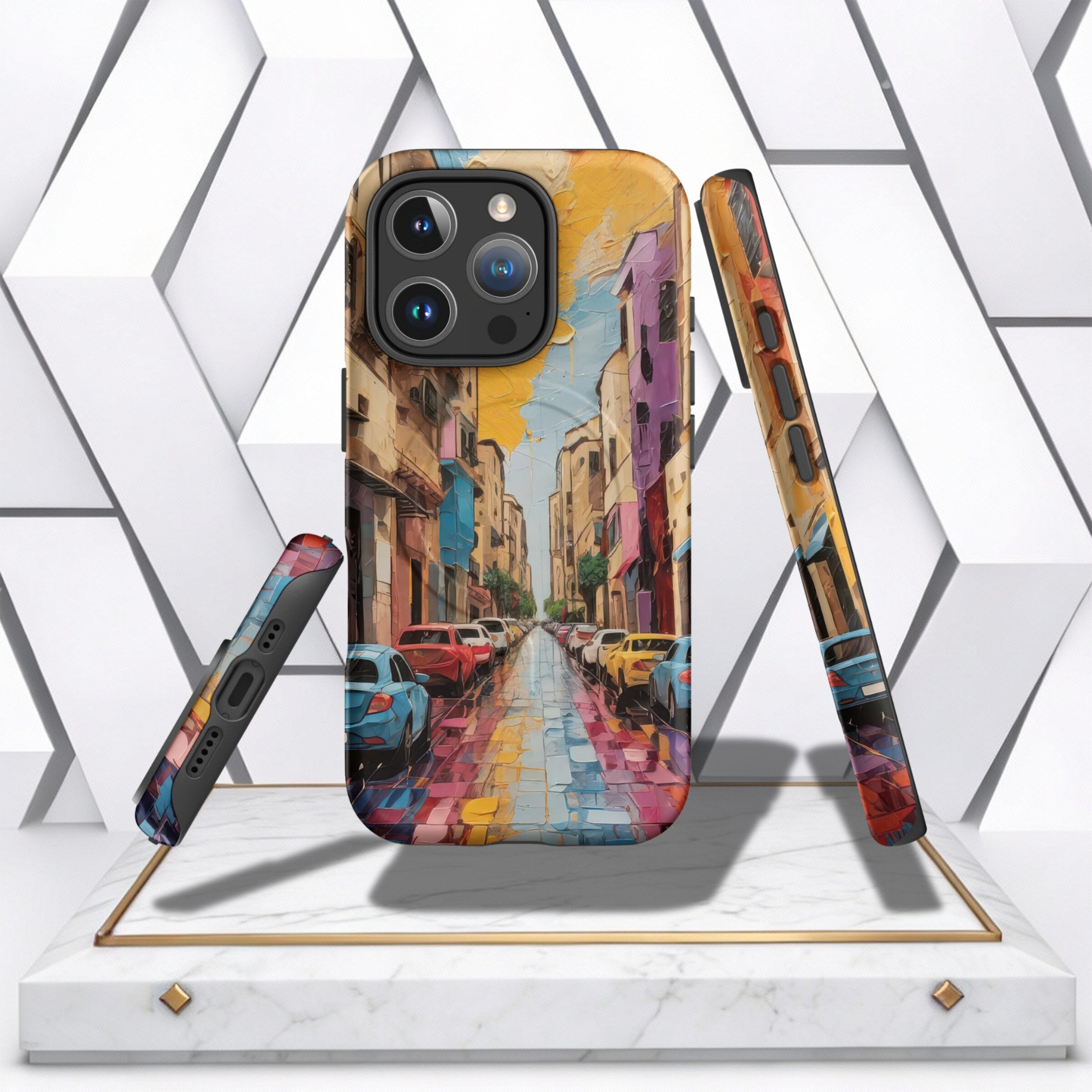 Coocosh Phone Case featuring an impressionist street scene with colorful buildings and cars, offering stylish protection for your device. The case showcases vibrant artwork. Period.