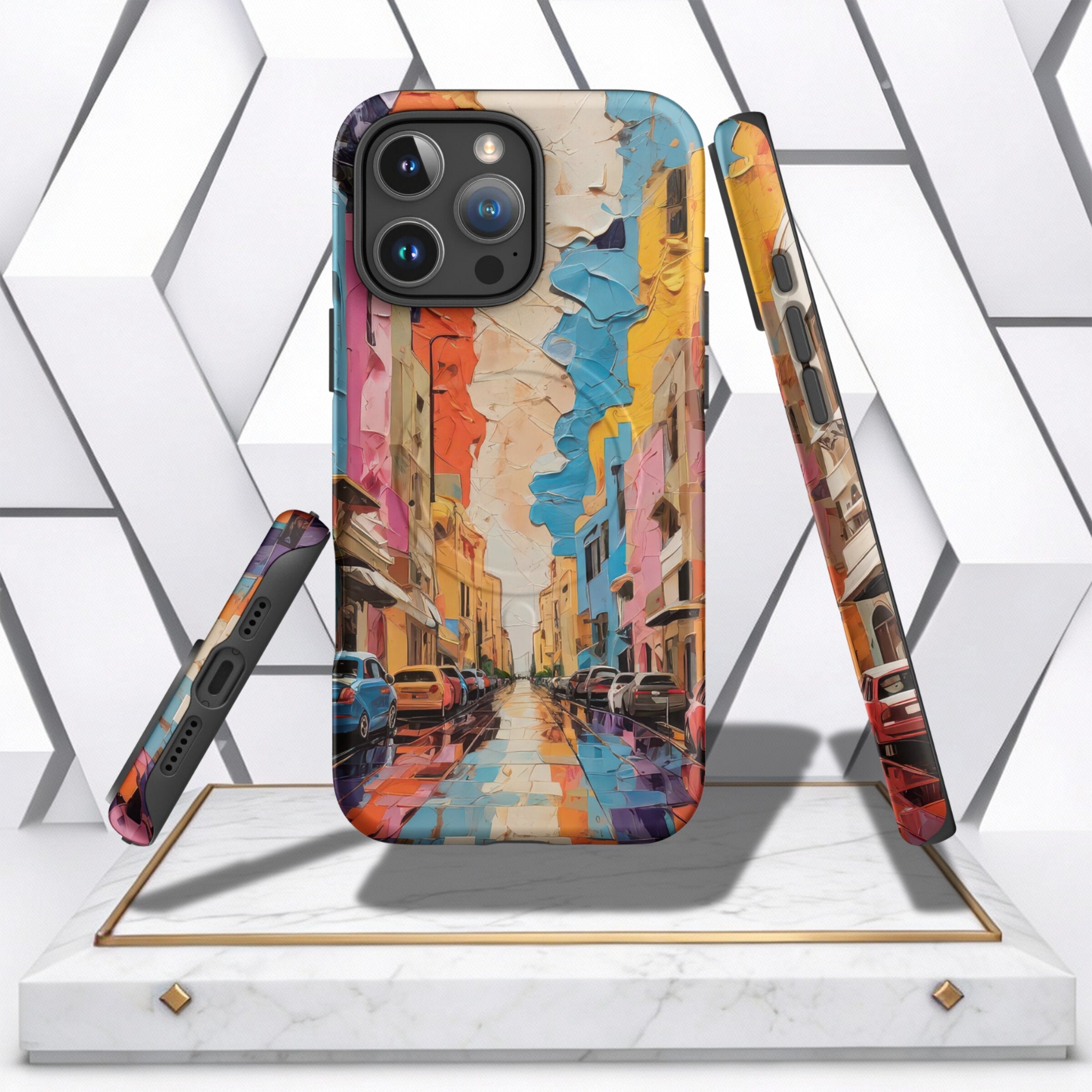 Coocosh Phone Case featuring a vibrant street scene with colorful buildings and reflections, made for standard size iPhones, displayed at eye-level on a marble stand. Capture the vibe of urban art with this unique case.