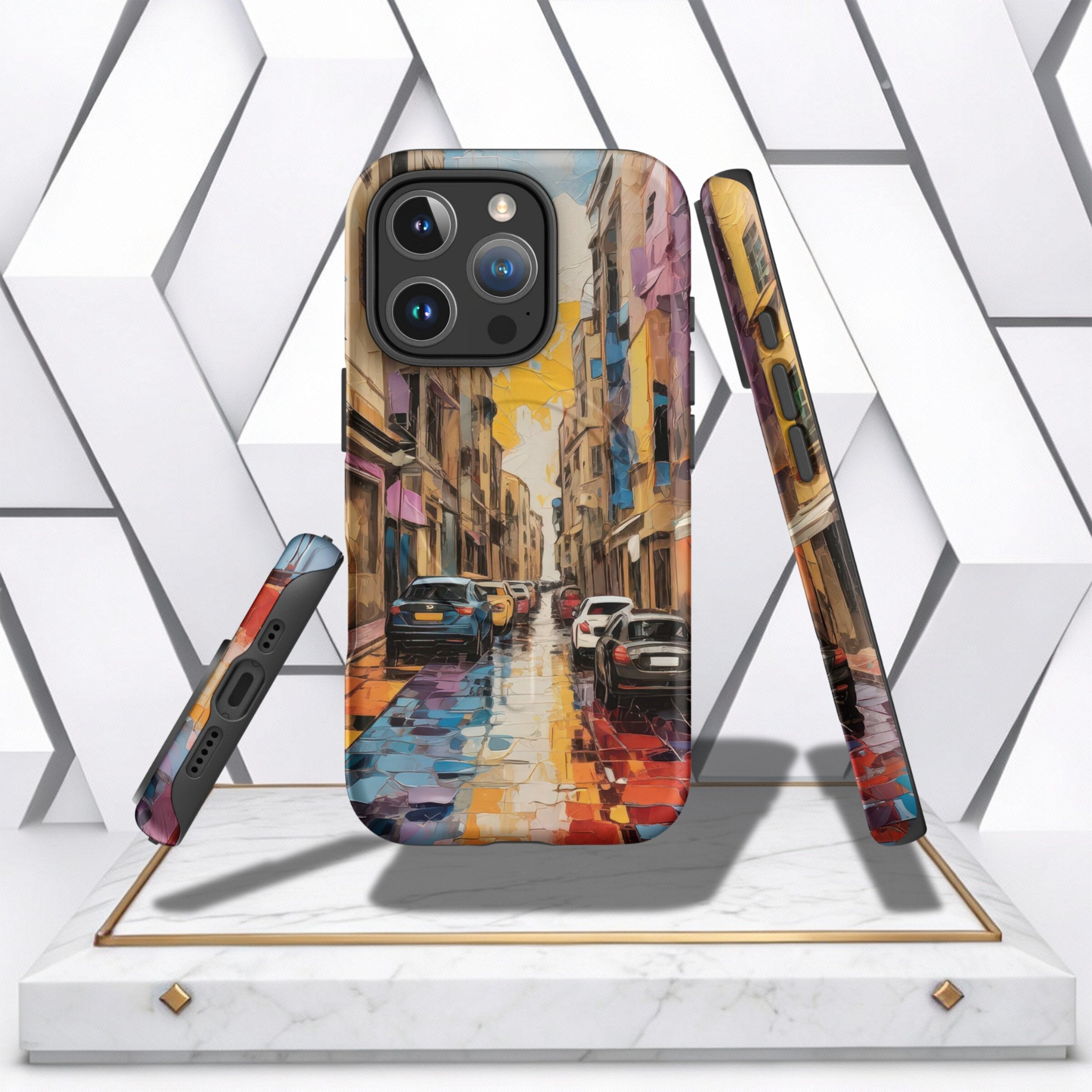 Coocosh Phone Case showcasing a vivid city street scene with cars parked on a rainy day, rendered in an impressionistic style with visible brushstrokes and vibrant colors. The case is presented on a modern marble display with a white geometric background.