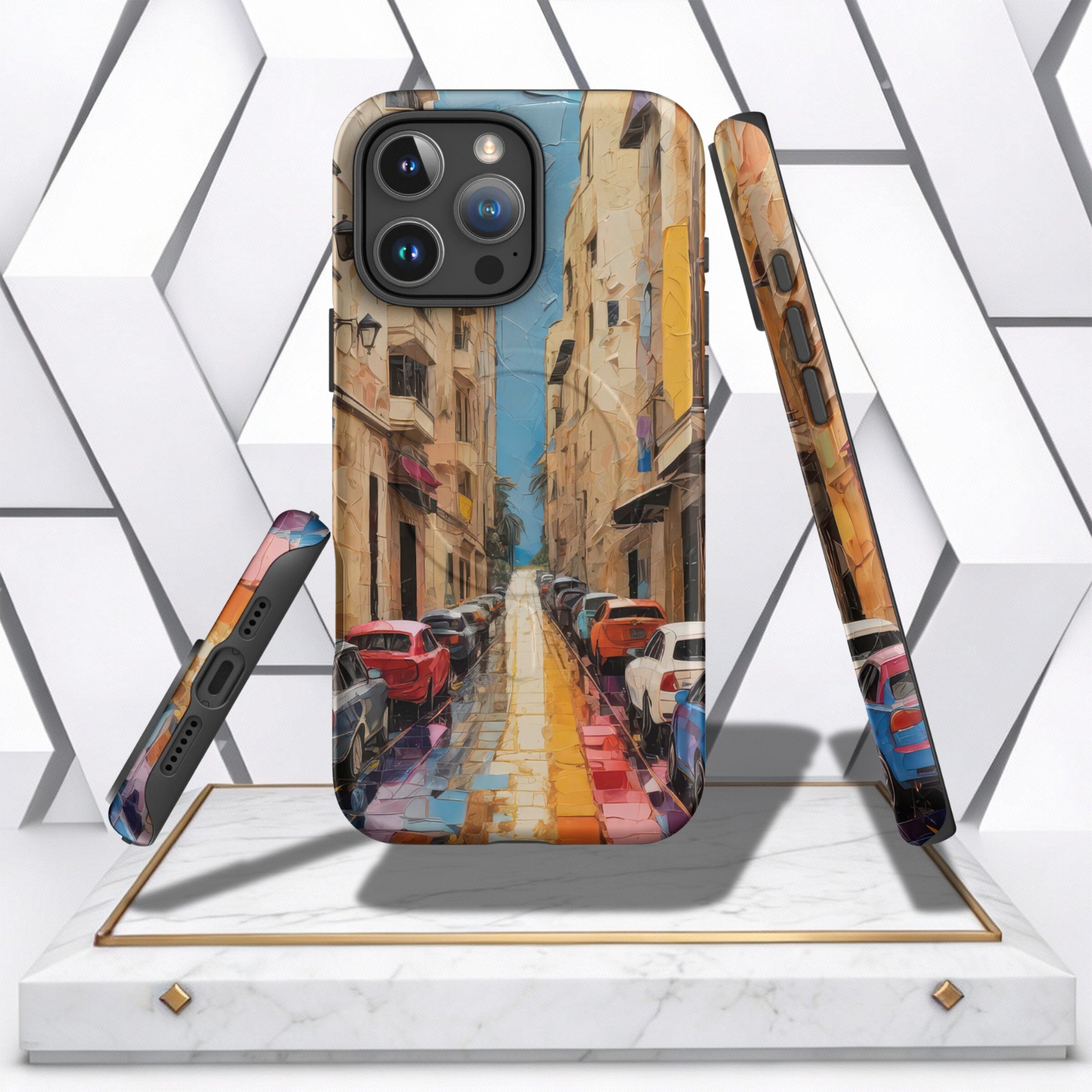 Coocosh Phone Case features a textured street scene with colorful cars lining the sides. This standard variant provides protection and artistic flair in an urban setting. A perfect accessory for your mobile device. The image showcases a vivid artwork. Enj