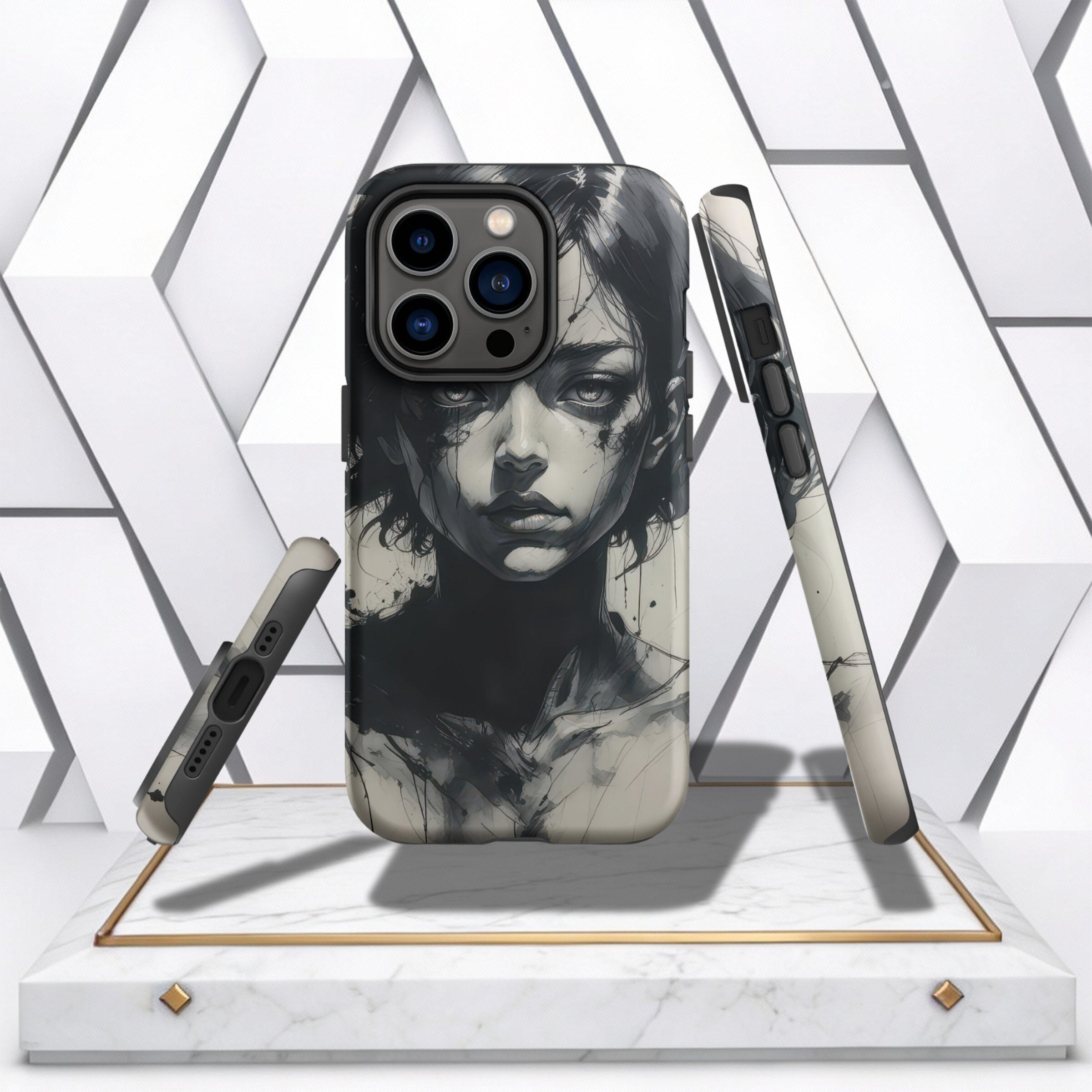 Coocosh phone case featuring a striking monochrome portrait art print. This standard case showcases a woman's face with expressive eyes, designed for style and protection, showcased on a pedestal. The dark grey and white color palette adds a dramatic touc