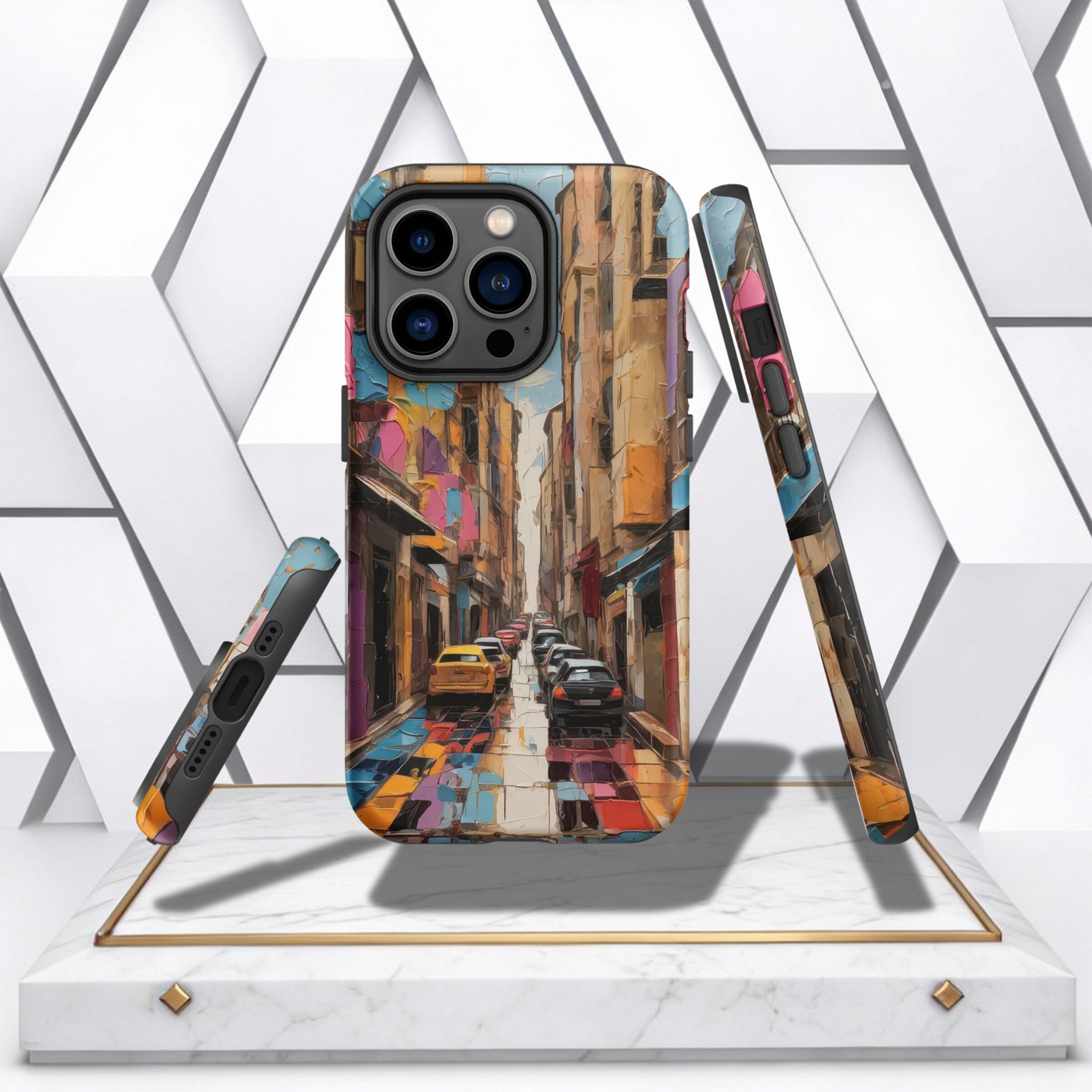 Coocosh modern iPhone case showcasing a vibrant cityscape, designed to enhance your device's protection and style for everyday adventures.