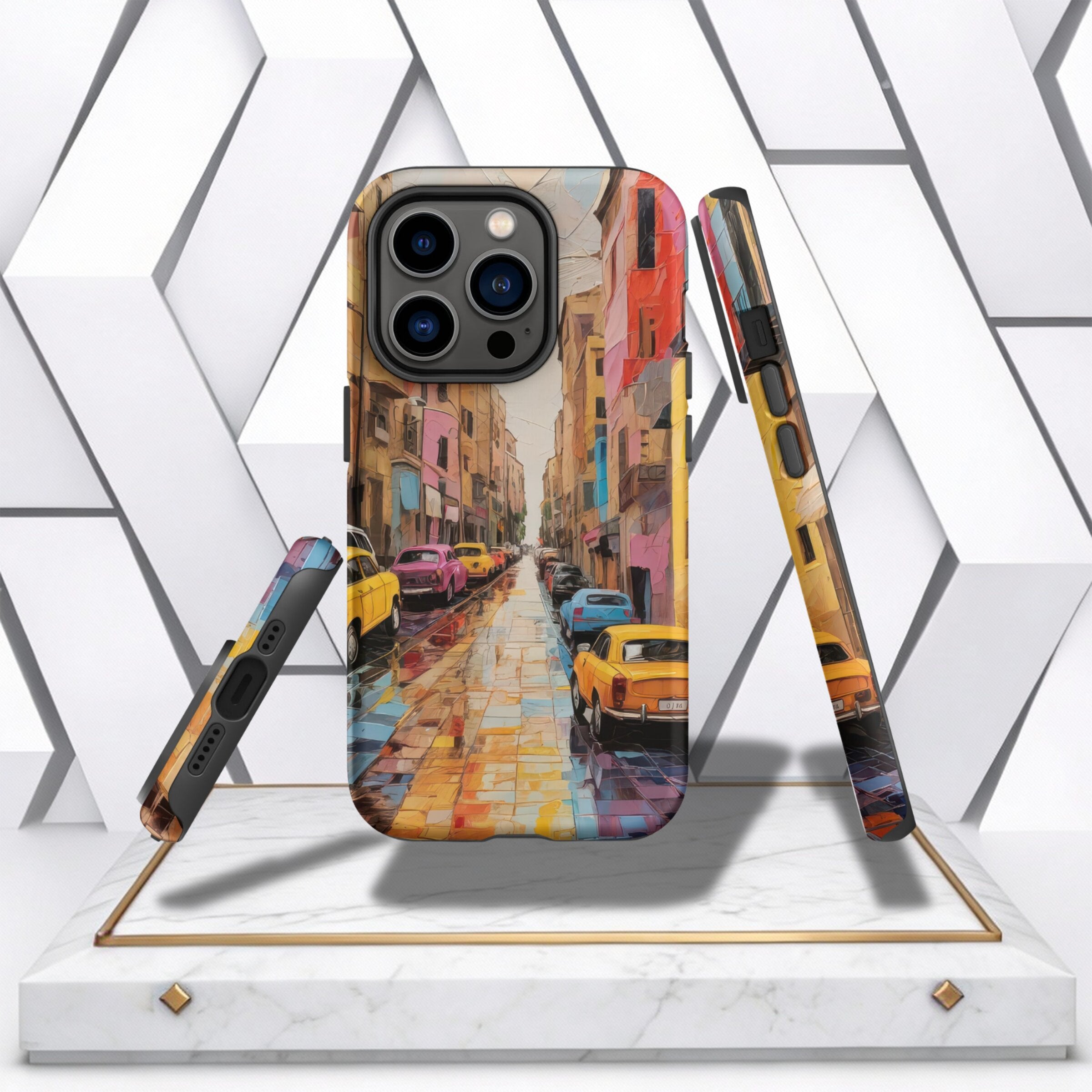 Coocosh Tough Case for iPhone® displays an artistic street design in bright colors, ensuring durable shock protection while elevating your style during your daily activities.