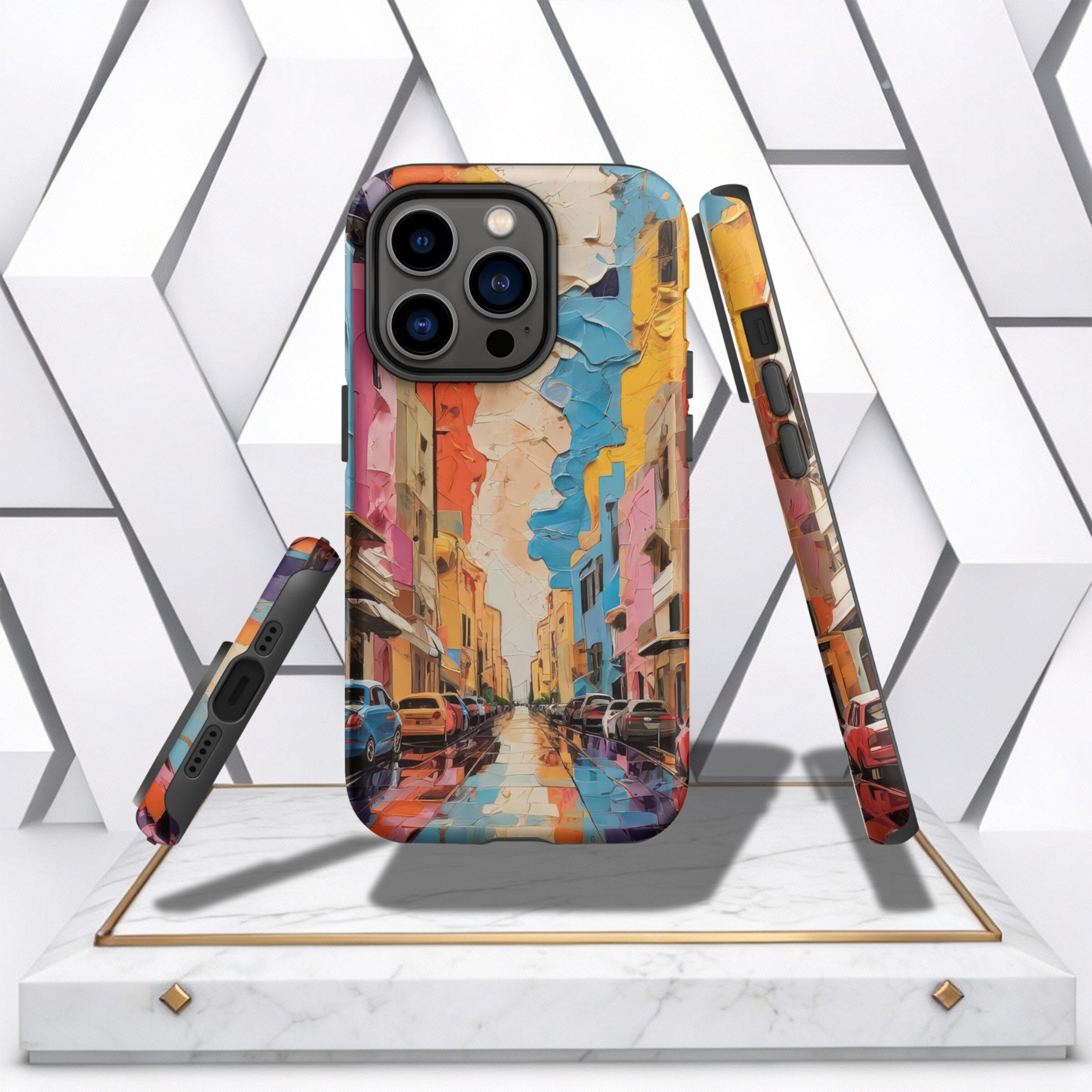 Coocosh case showcasing an artistic cityscape design, built from durable materials to provide impactful protection, perfect for creative individuals.