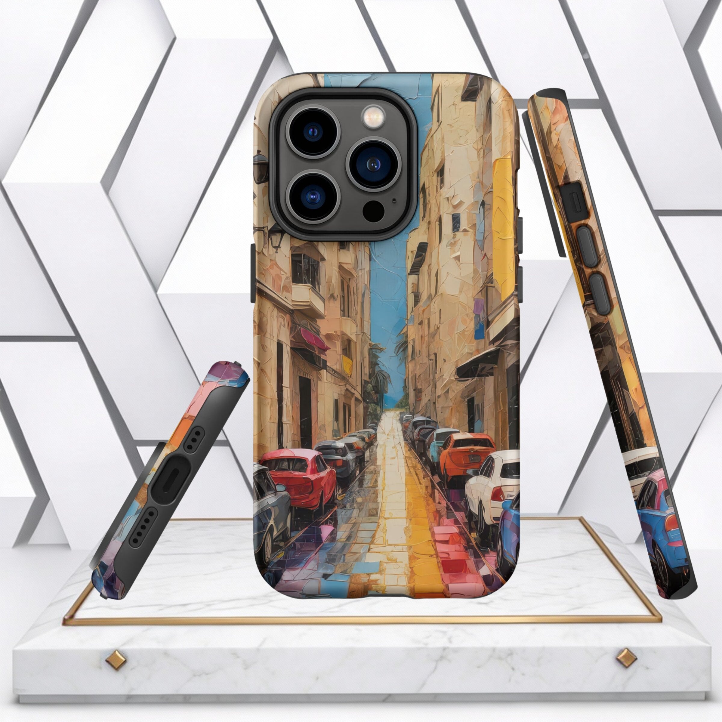 Coocosh Phone Case featuring an Impressionistic painting of a European city street with colorful parked cars, capturing the vibrant scene in a protective cover. Standard size. A showcase.