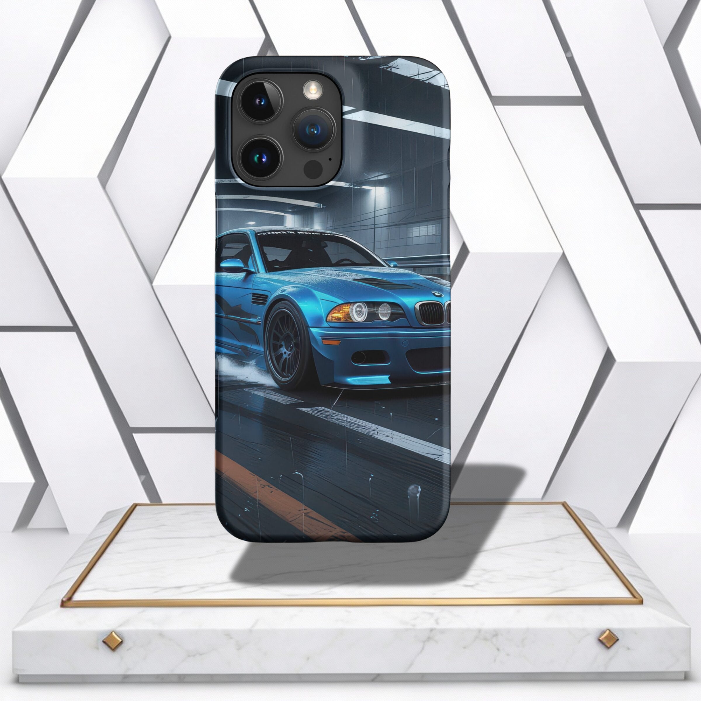Coocosh showcases an elegantly designed azure blue phone case tailored for iPhone users combining protection with automotive aesthetics.