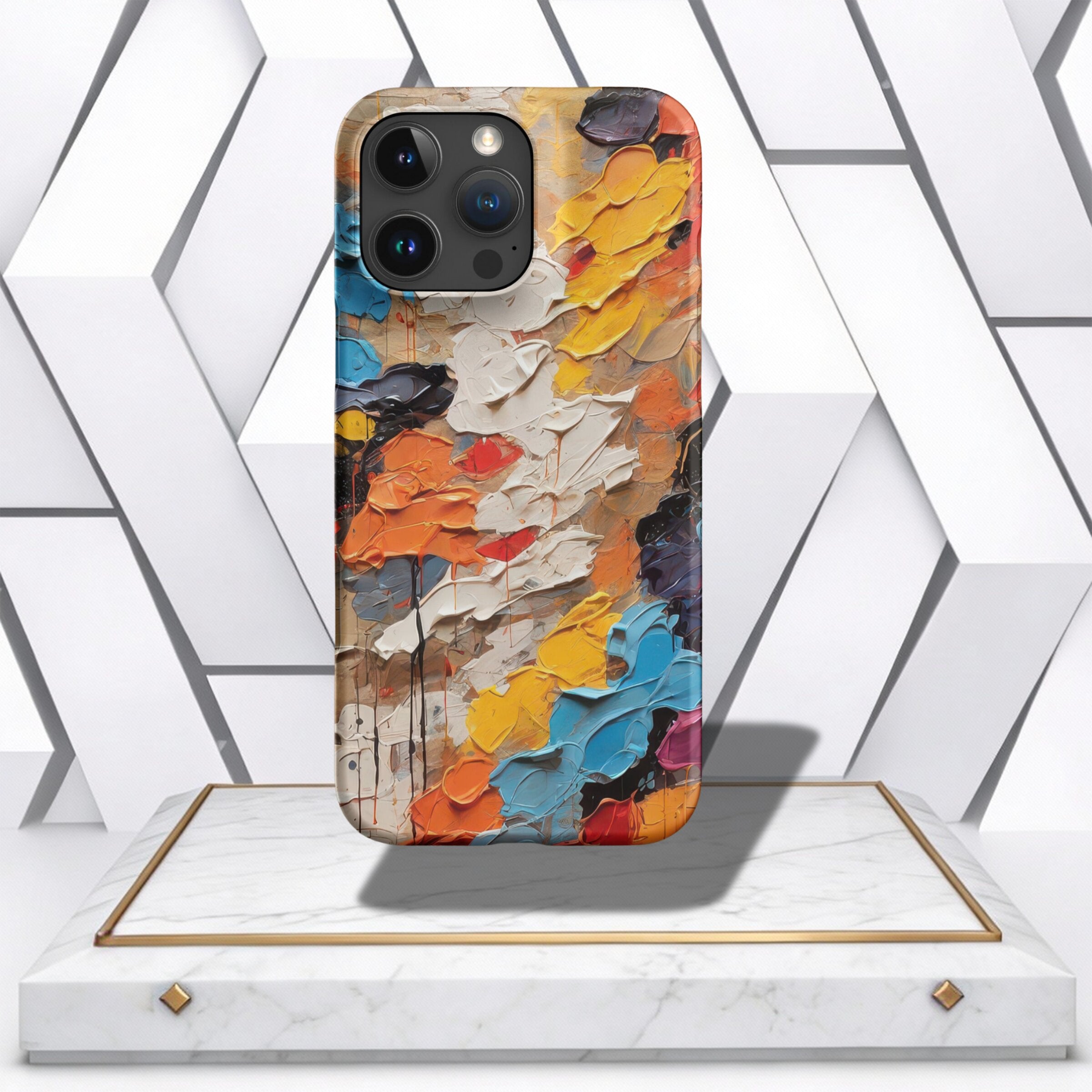 Coocosh Phone Case showcasing an abstract oil painting design with thick brushstrokes of vibrant colors like yellow, blue, orange, and white. The case is for iPhone. Period.