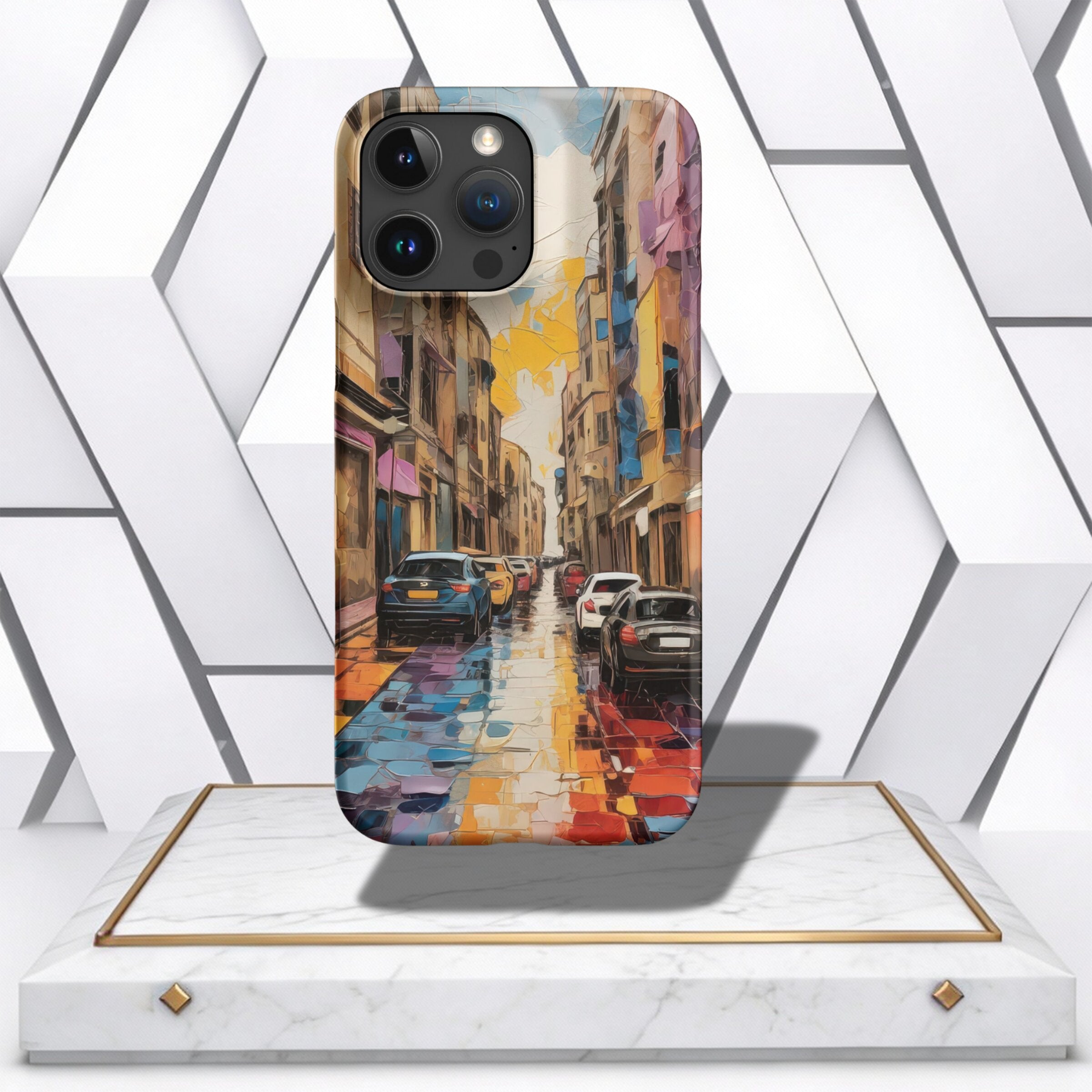 Coocosh beautifully designed iPhone case highlighting vibrant reflections of a city street, balancing aesthetics and protection.