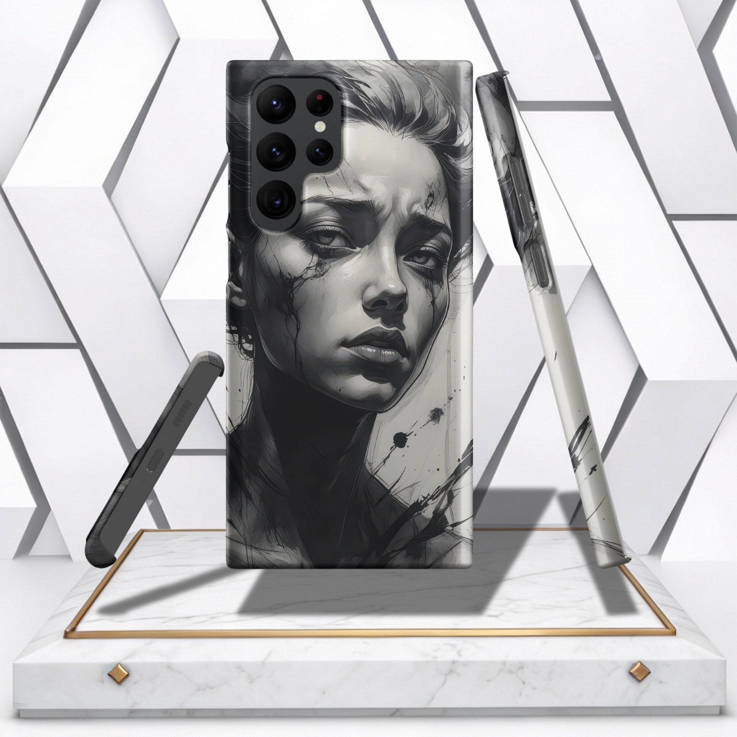Coocosh phone case featuring a captivating black and white artistic design of a woman's face, offering durable protection. Its slim profile and precise cutouts ensures easy access and complements the phone's design, providing a stylish and functional acce